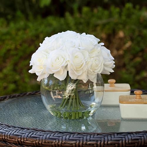 Miniatura 4 de Flores artificiales de seda de 16 cabezas en jarrón, arreglo de rosas sintéticas en jarrón redondo con agua sintética para centros de mesa (blanco)