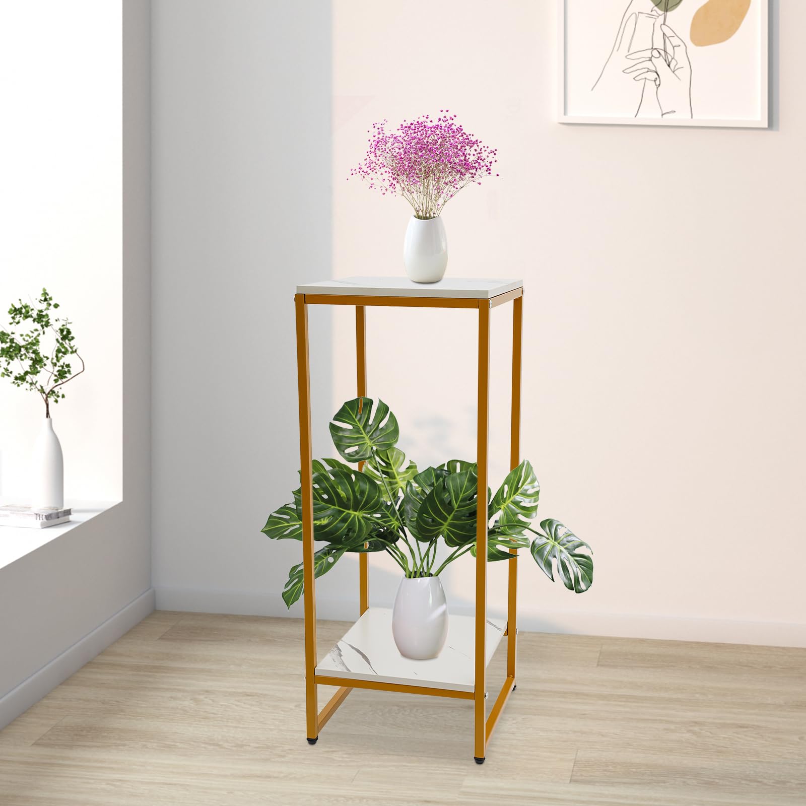 Supporto per piante in vaso a 2 ripiani, colonna decorativa quadrata, in metallo, per casa, giardino, terrazza, balcone, ufficio, soggiorno