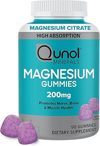 Gomitas de magnesio para adultos, Qunol 200 mg de citrato de magnesio, suplemento de magnesio de alta absorción, apoya la salud nerviosa, salud