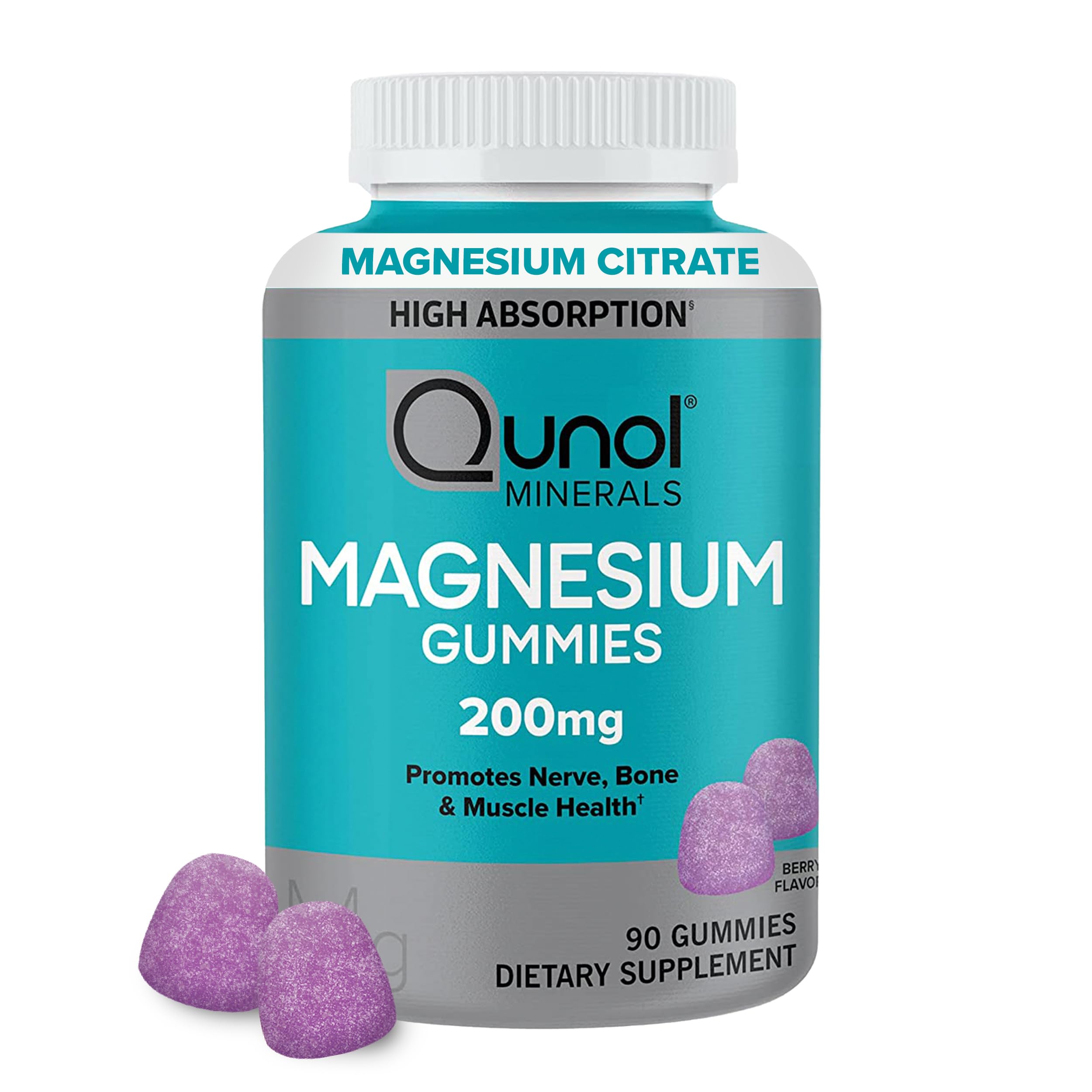 Qunol Magnesium Gummies for Adults, 200mg Elemental Magnesium (from 1,750mg Magnesium Citrate), High Absorption Magnesium Supplement, Supports Nerve, Bone and Muscle Health, Vegetarian, 90 Count