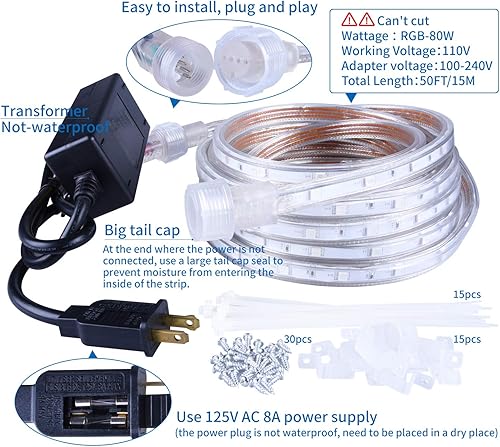Miniatura 2 de Tira de luces LED de 50 pies (15 m), kit de iluminación regulable, flexible, de 450 LED RGB, 110 V, impermeable, con conectores macho y hembra,