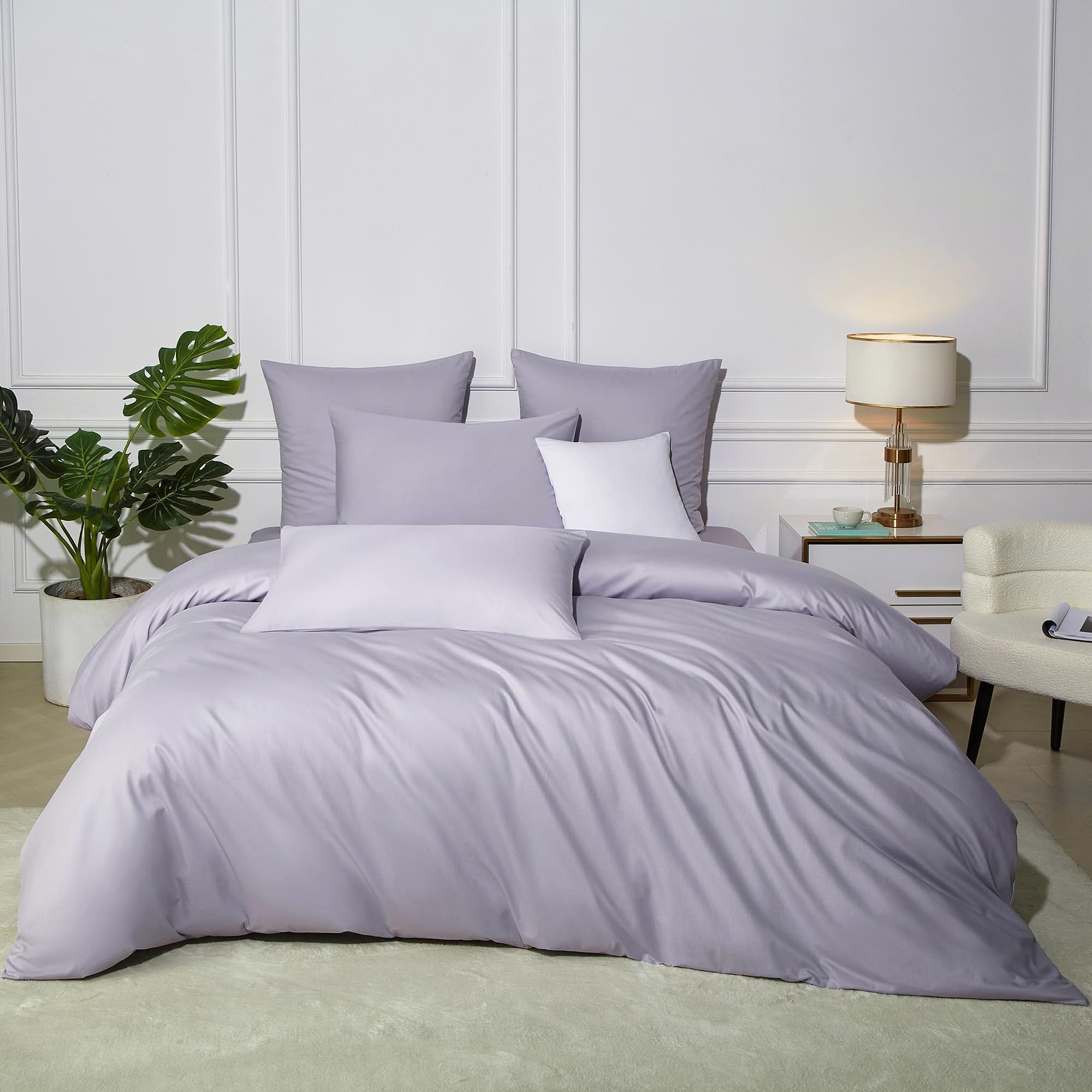 Biancheria da letto in cotone 155 x 220 cm, tinta unita, Lyocell, morbida e traspirante, set semplice copripiumino con chiusura lampo e 2 federe da 80 x 80 cm