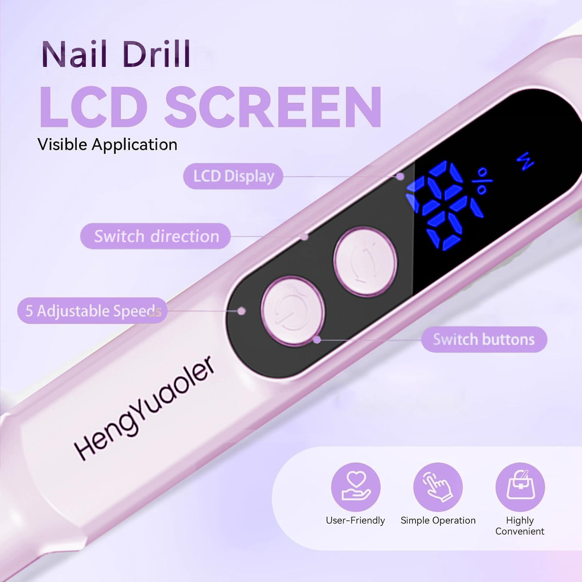 Ponceuse pour Ongles Professionnelle,Portable Lime à Ongles Electrique avec Affichage LED,5 Vitesses Réglables Perceuse à Ongles Kit de Manucure Pédicure（Violet）