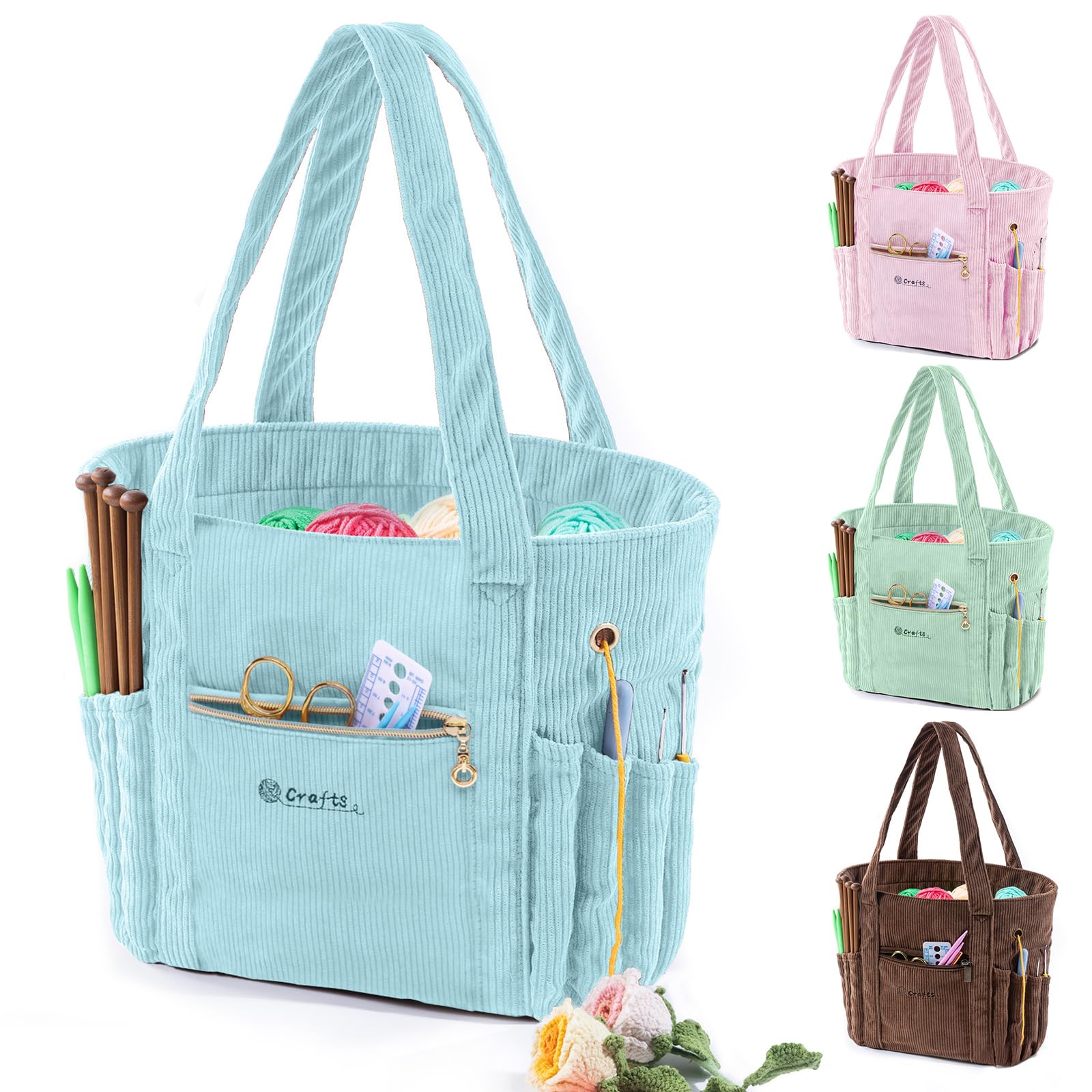 MYABGZING Corduroy Crochet Bag – Large Yarn Storage Tote with Grommets, Pockets & Needle Holders – Knitting Bag Organizer for Crochet Hooks, Accessories, Tools & Projects –Gift for Knitters & Crafters