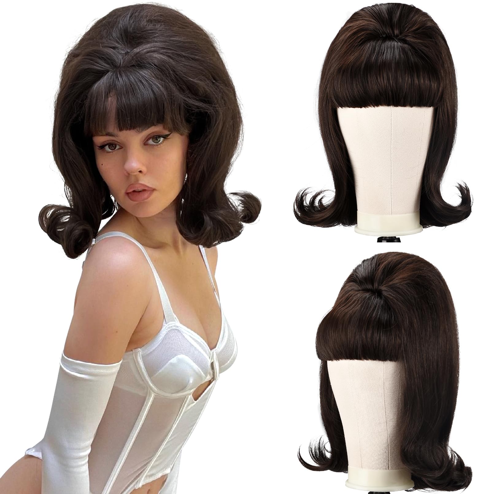 LONAIRetro Brown Wig 50s 60s 70s Wig with Bangs for Women Synthetic Hair for Halloween Costume Party