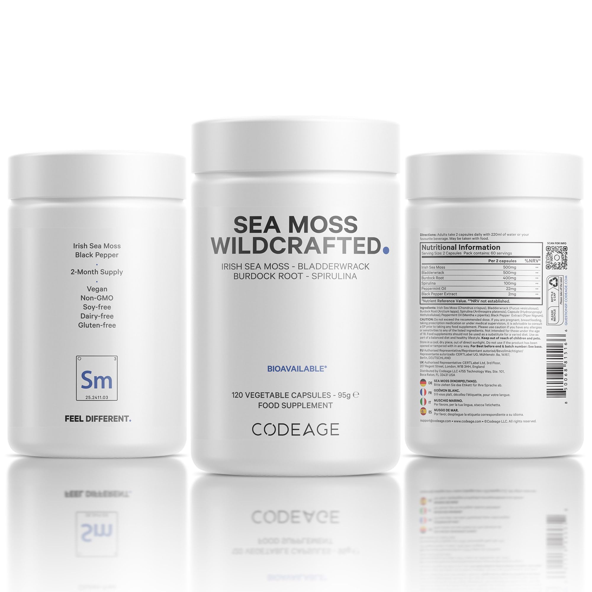 Codeage Raw Wildcrafted Irish Sea Moss Nahrungsergänzung – mit Bladderwrack, Klettenwurzel, Spirulina, BioPerine & Pfefferminzöl – Vegan, Nicht-GVO – Superfood-Mineralkomplex – 120 Kapseln