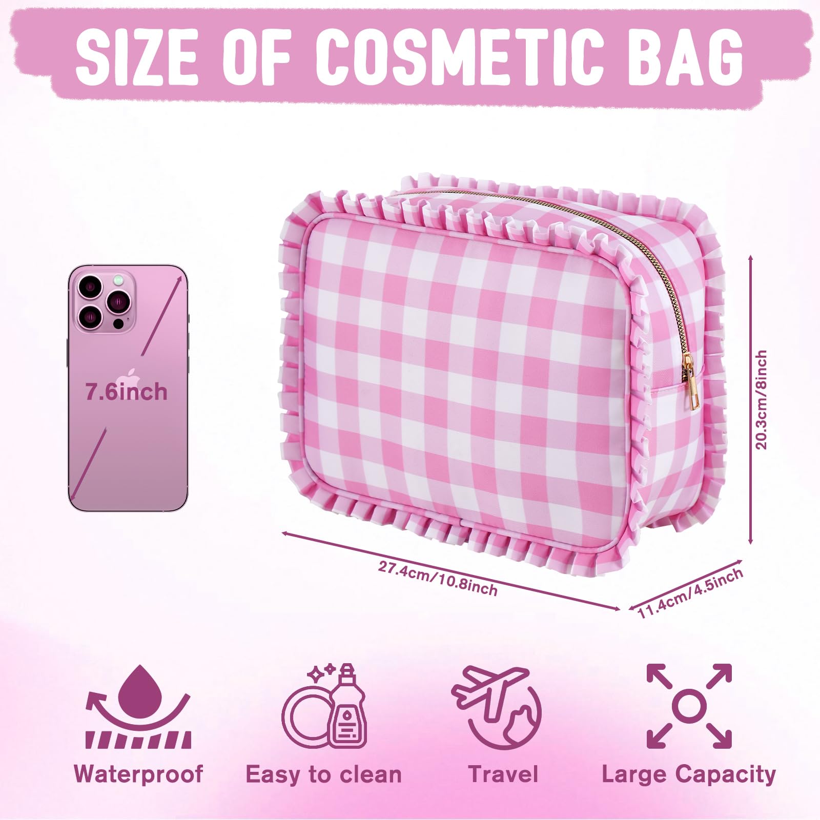 Make-up-Tasche mit Rüschen, Gingham-Muster, Rosa | Reißverschluss, großes Fassungsvermögen, Reise-Organizer für Kosmetik-Accessoires, Pinsel, Hautpflege, für Damen und Mädchen