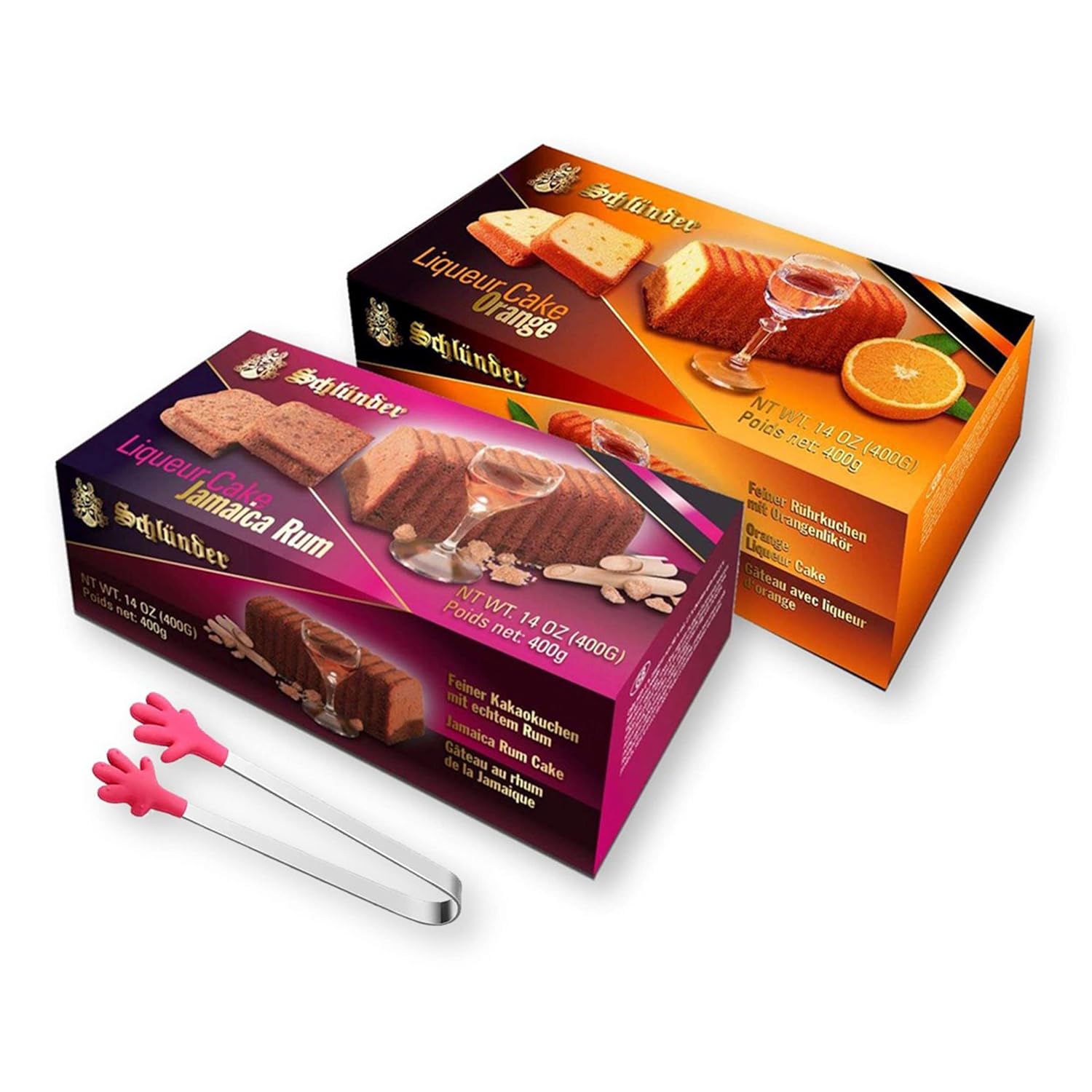 Combo Pack Schlunder Liquor Cakes 14 Oz. (400 G.) X 2 with Mini Silicone Tongs (Orange & Jamaica Rum)