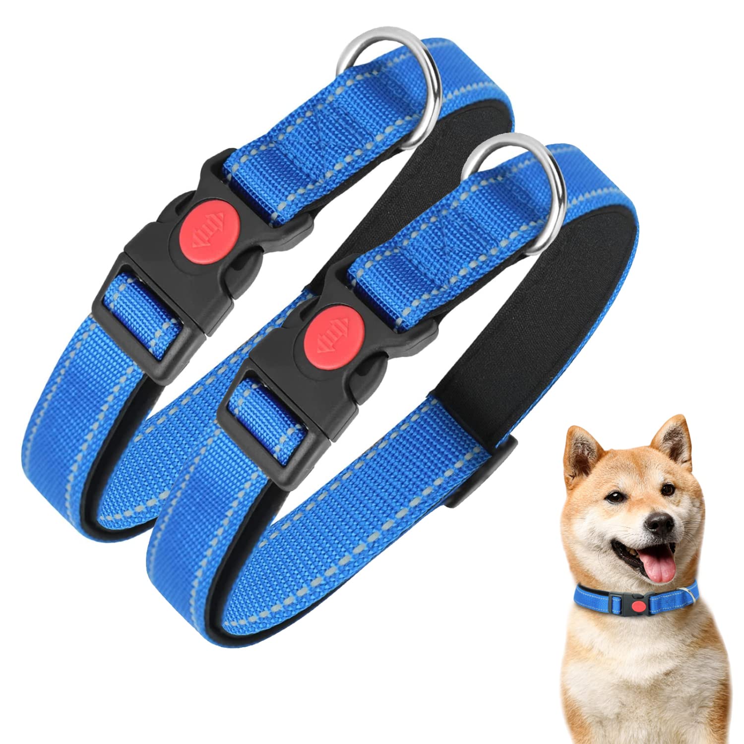 Nobleza - 2× Collar Perro, Collar Nylon Reflectante Suave Acolchado para Perros, Ajustable Collar Perro Mediano con Cerradura de Seguridad, Collares de Entrenamiento para Perros (M, Azul)