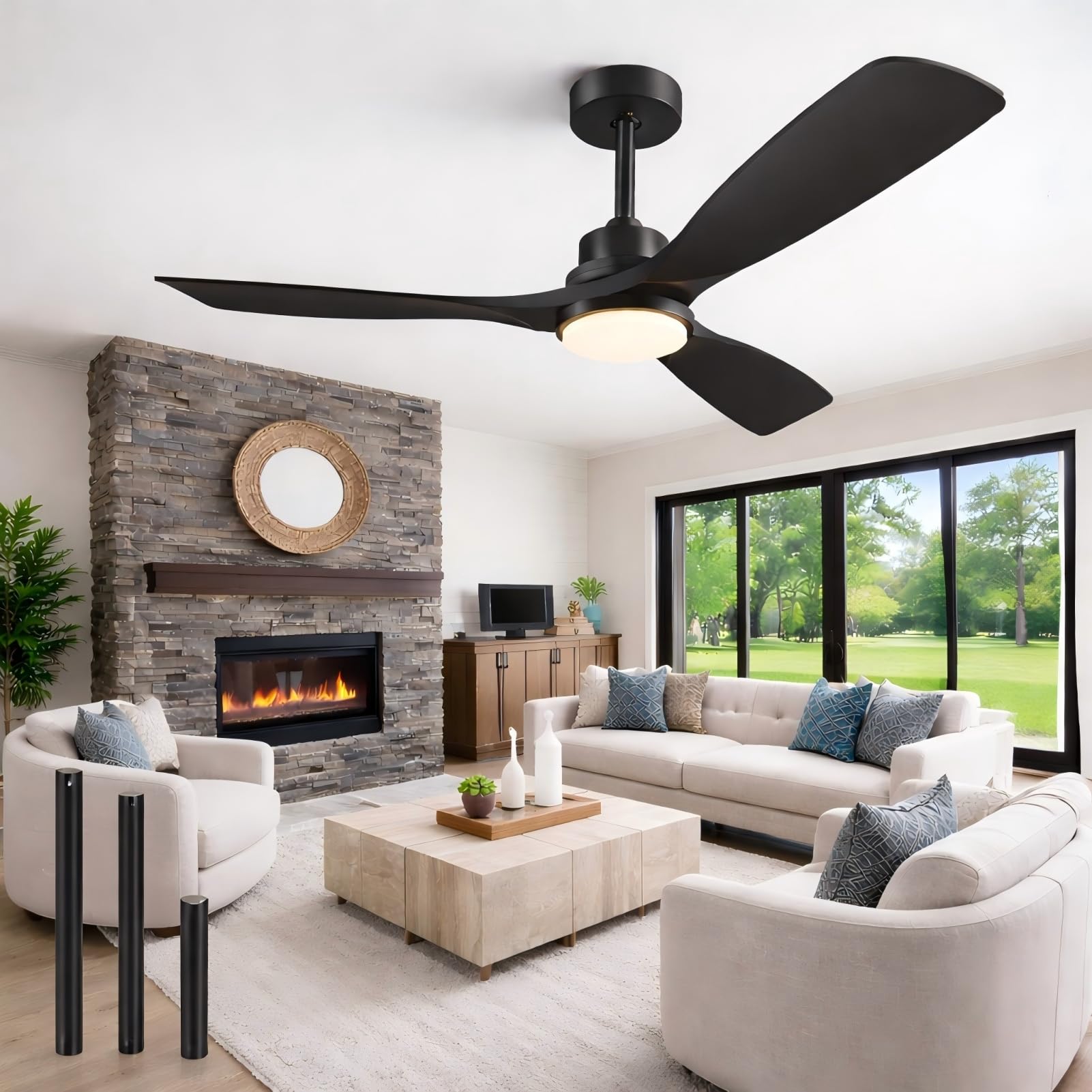 Ventilador de Techo con Luz y Mando a Distancia, Negro Ventiladores de Techo de 132 cm con Lámpara Luz Led con Motor DC, 3 Aspas, 6 Velocidades, Silencioso, Temporizador, para Exterior Dormitorio Saló