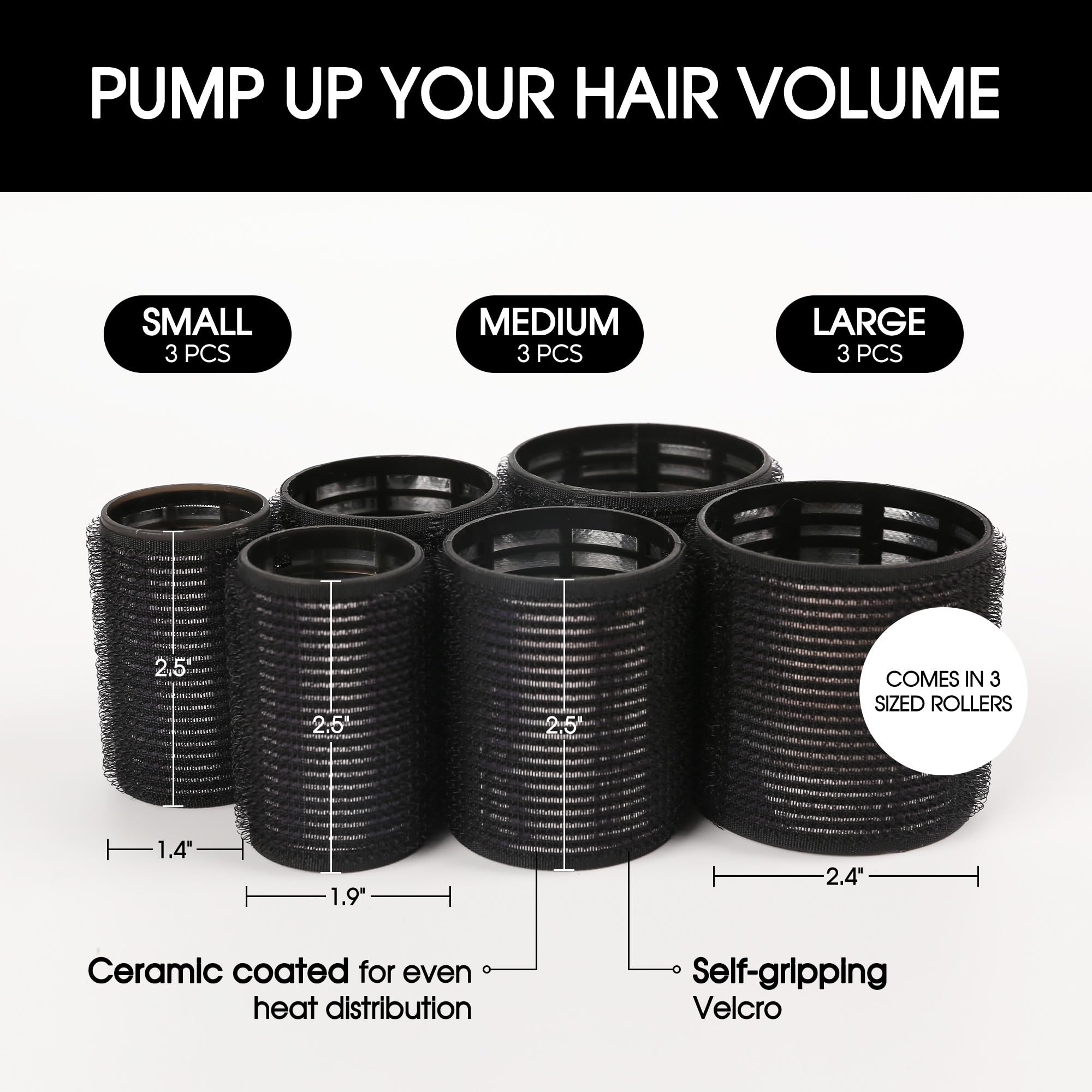 xnicx 9 pcs Self Grip Hair Rollers Set,Heatless Curlers Hair Rollers for Long Short Hair,No Heat Hair Curlers to Sleep In,Salon Hairdressing,3 Sizes Rollers in 1 set Black - Image 3
