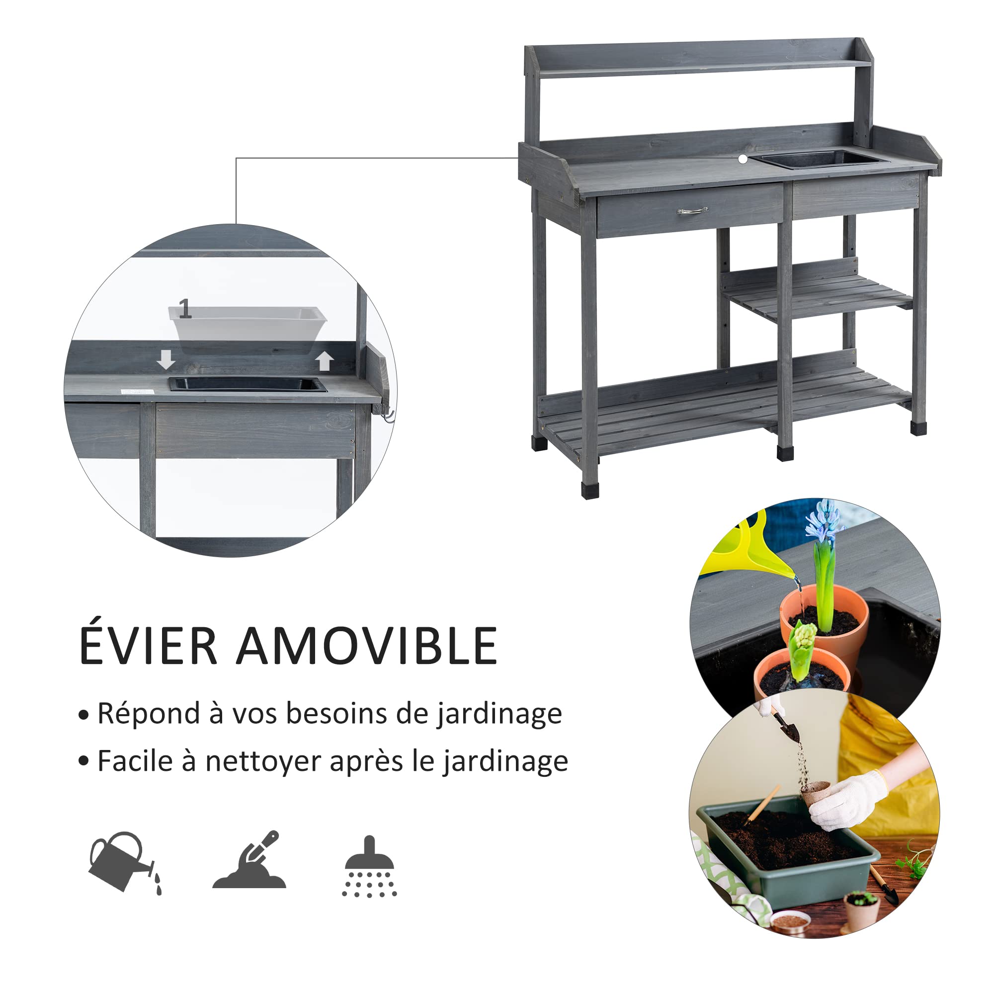 Outsunny Tavolo da giardinaggio multifunzionale con cassetto, 3 ripiani, lavello, 3 ganci - tavolo da giardinaggio in legno di abete preoliato grigio