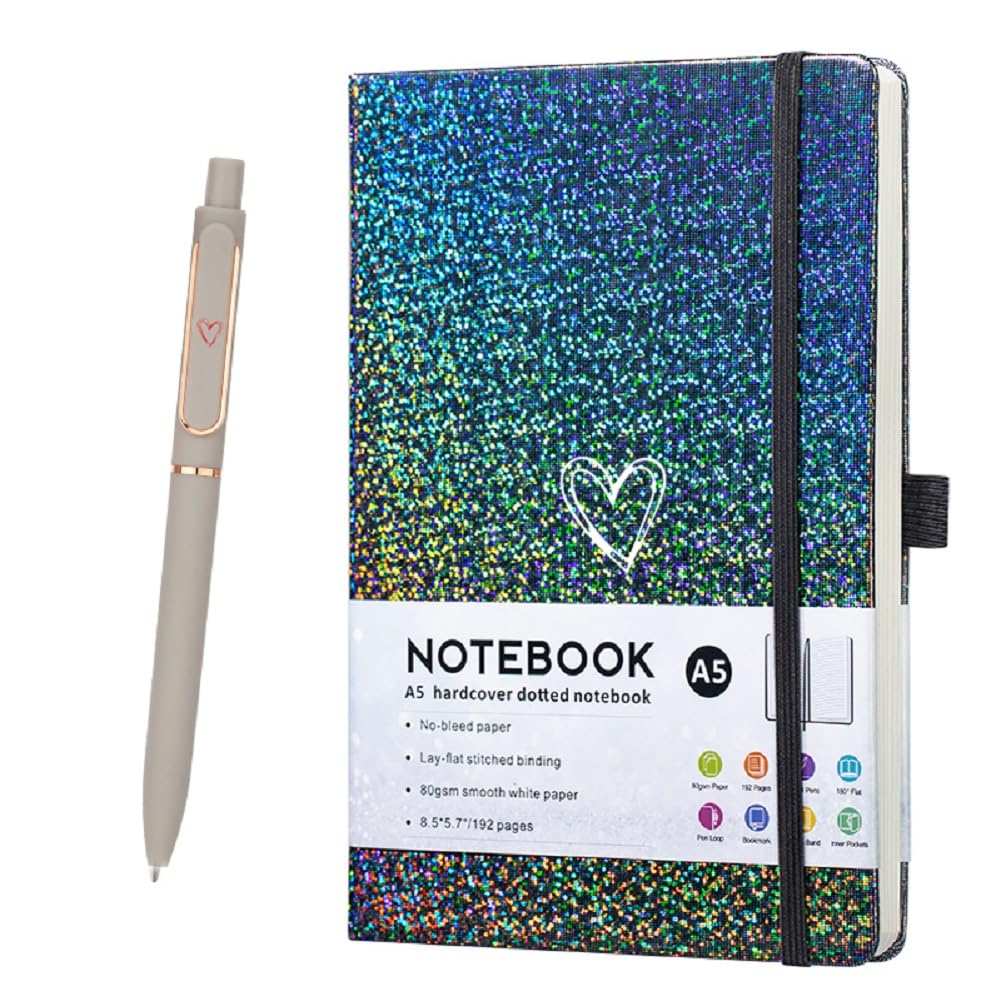 Glitter Laser A5 Notebook with Pen , Lined Journal A5 Notepad for Girls Women,Cute Bling Diary with Heart-Shaped College Ruled Hardcover Notebook for Work School, Note Taking, Business (Gray Black)