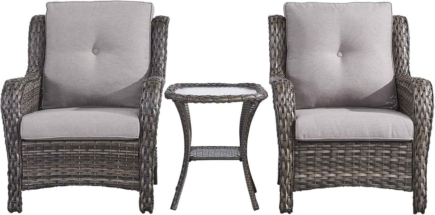 Rilyson Patio Bistro Set Wicker Chairs - 3 Piece Outdoor Rattan Conversation Set with 2 Armrest Chair and 1 Side Table for Proch Deck Garden Backyard Balcony(Mixed Grey/Grey)