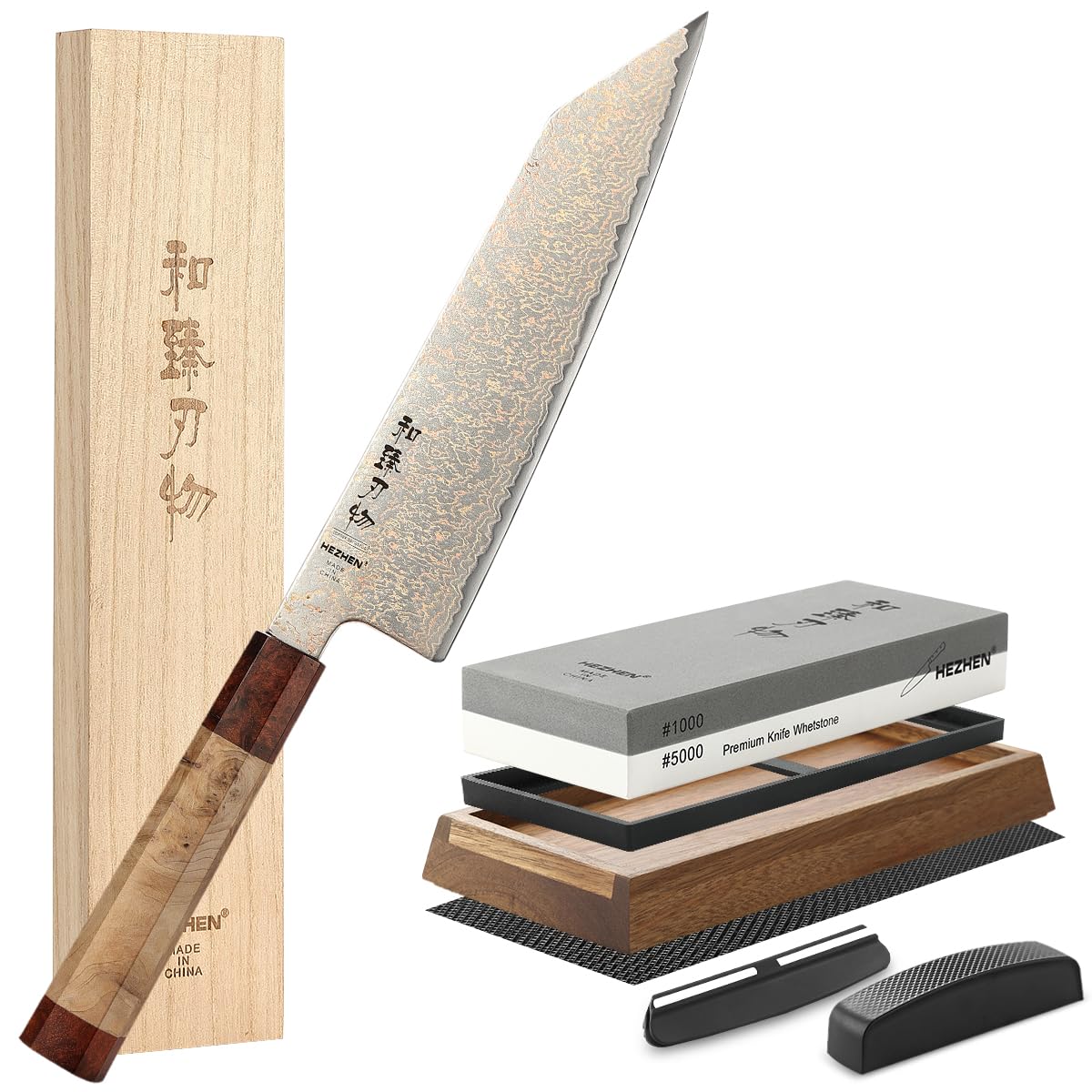 Couteau de Kiritsuke Damas HEZHEN en cuivre et acier avec pierre à aiguiser incluse