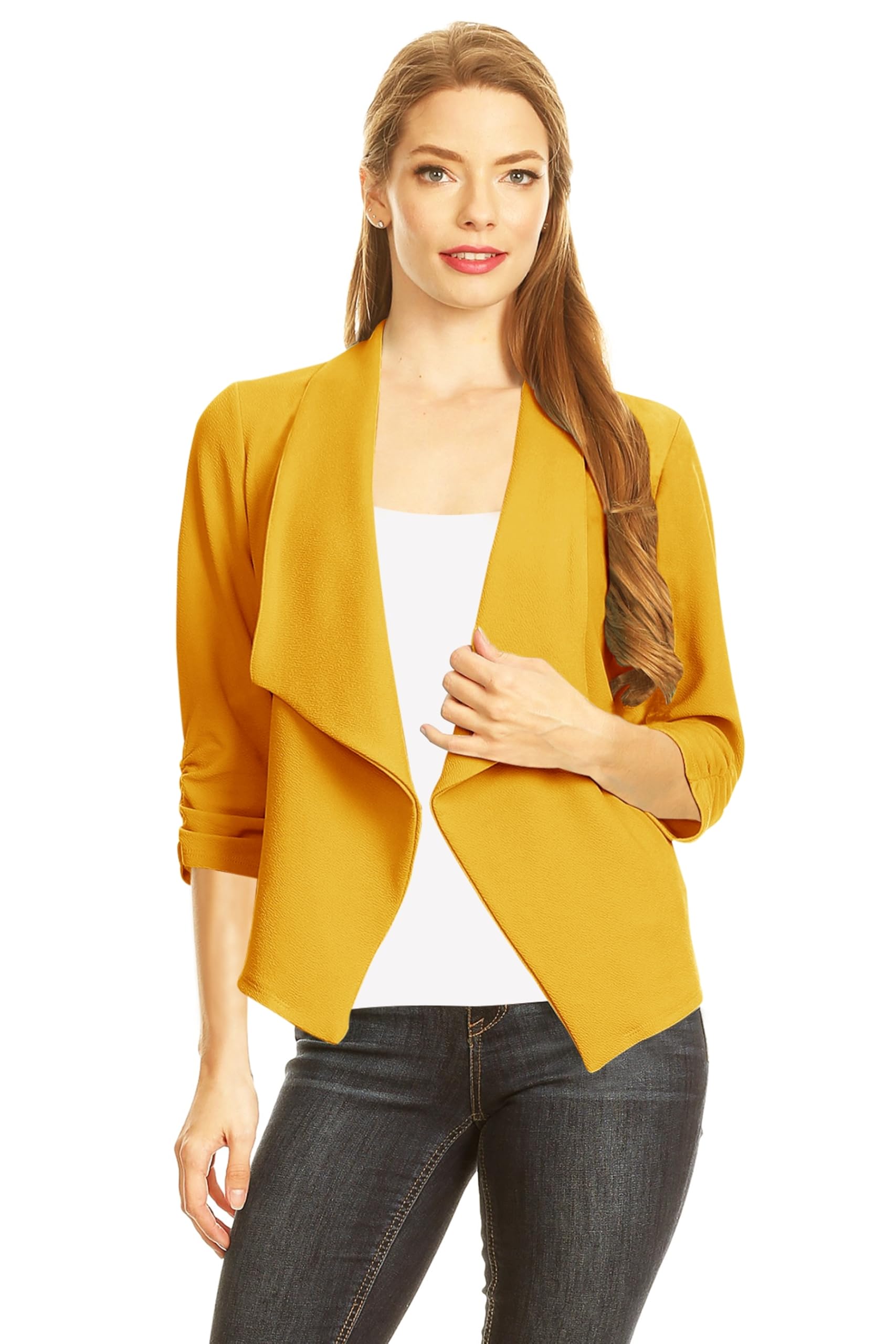 FashionJOA Womens Fitted Waist Length Jacket Open Front Draped Neck Ruched Sleeves