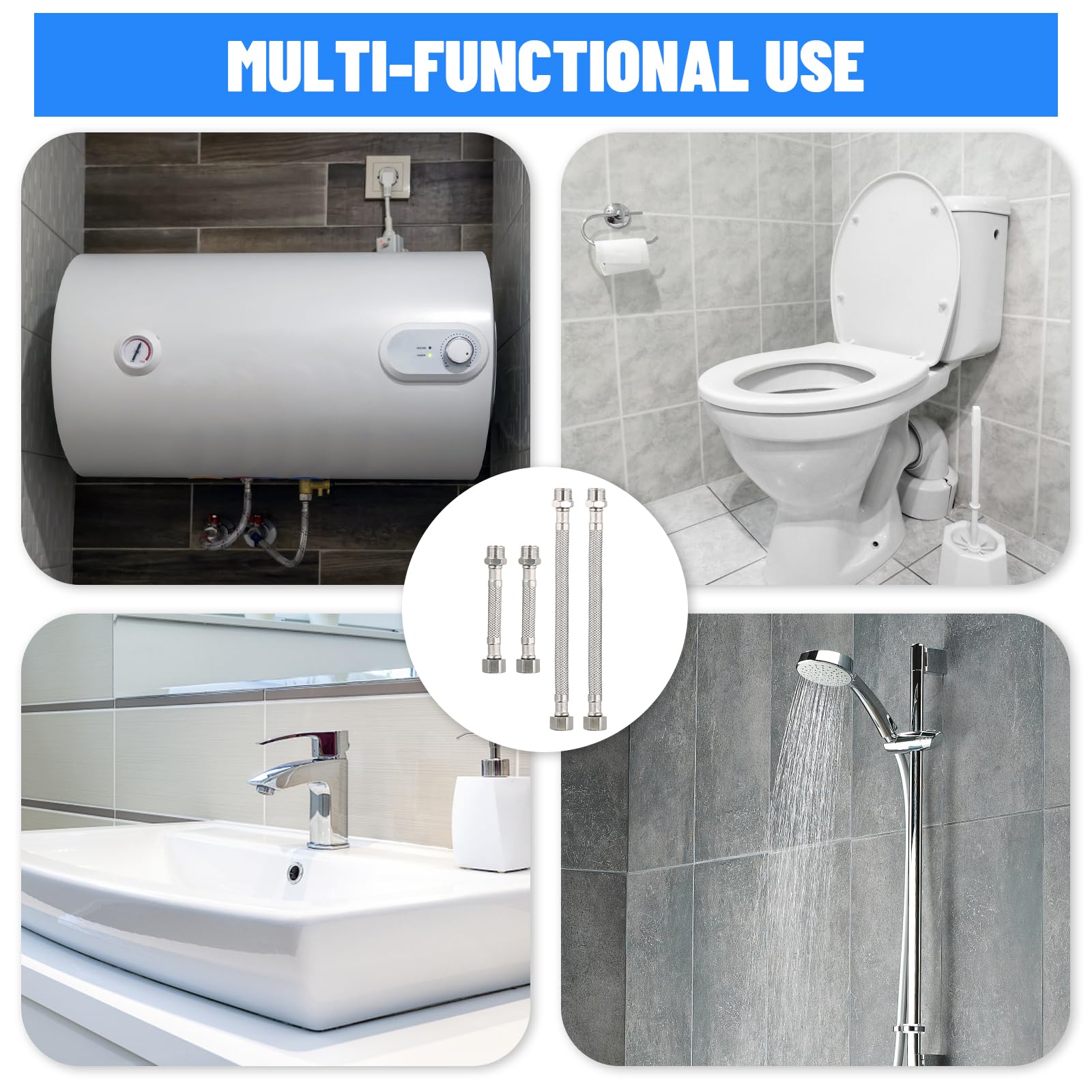 Manguera flexible de 3/8 pulgadas, 4 unidades de manguera blindada de 3/8 pulgadas, 20 cm/10 cm, acero inoxidable 304, manguera flexible de agua para grifo de baño, inodoro y cocina