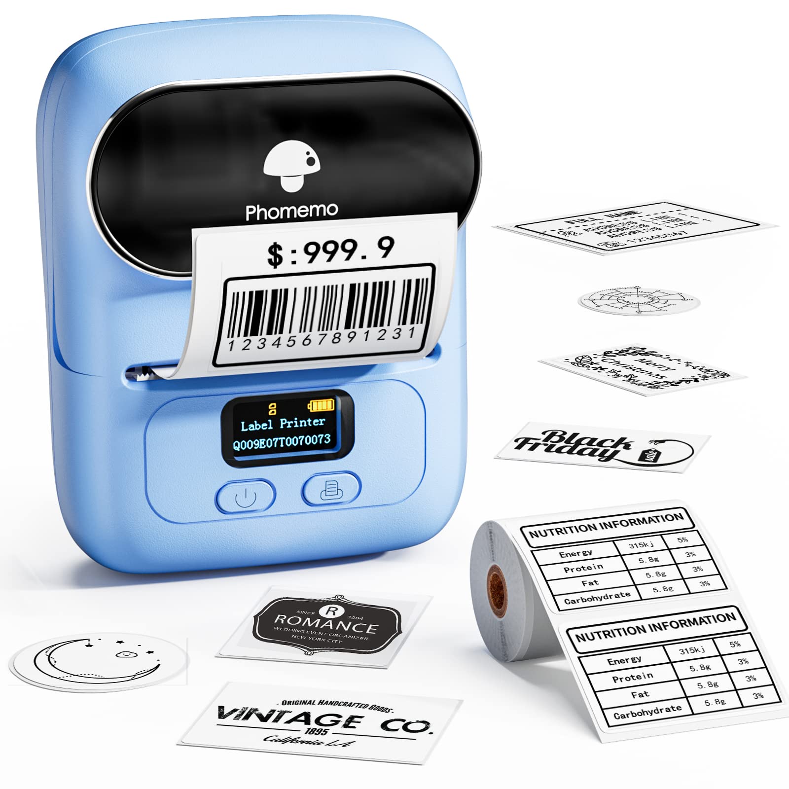 Phomemo M110 BU Label Maker Portable Bluetooth Thermal Label Maker Printer Inkless Printing for Labels, Stickers, Images, QR Codes, Compatible with Android & iOS System, with 1pack 40×30mm Label