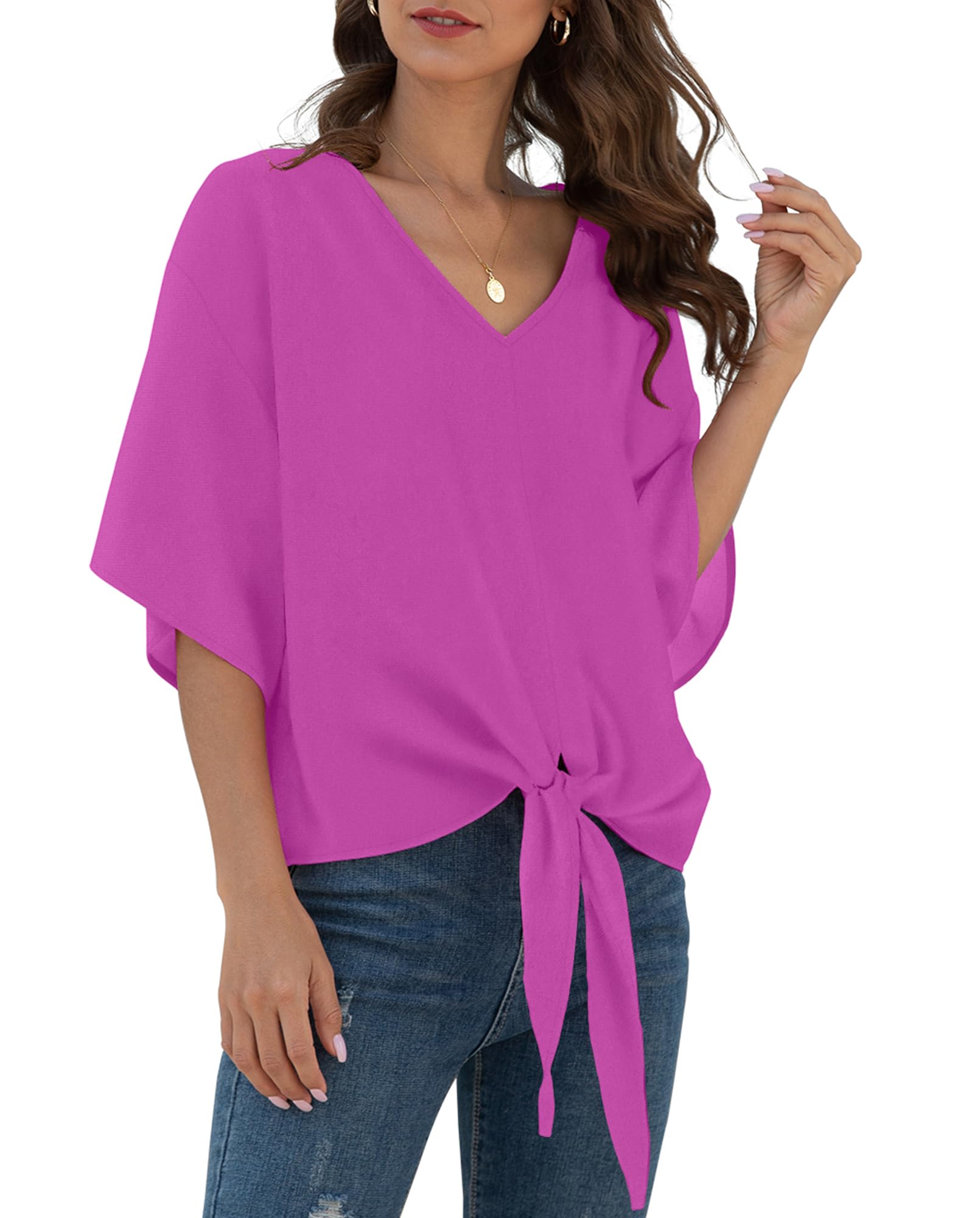 VIISHOW Womens Tie Front Chiffon Blouses V Neck Batwing Short Sleeve Summer Floral Tops Shirts