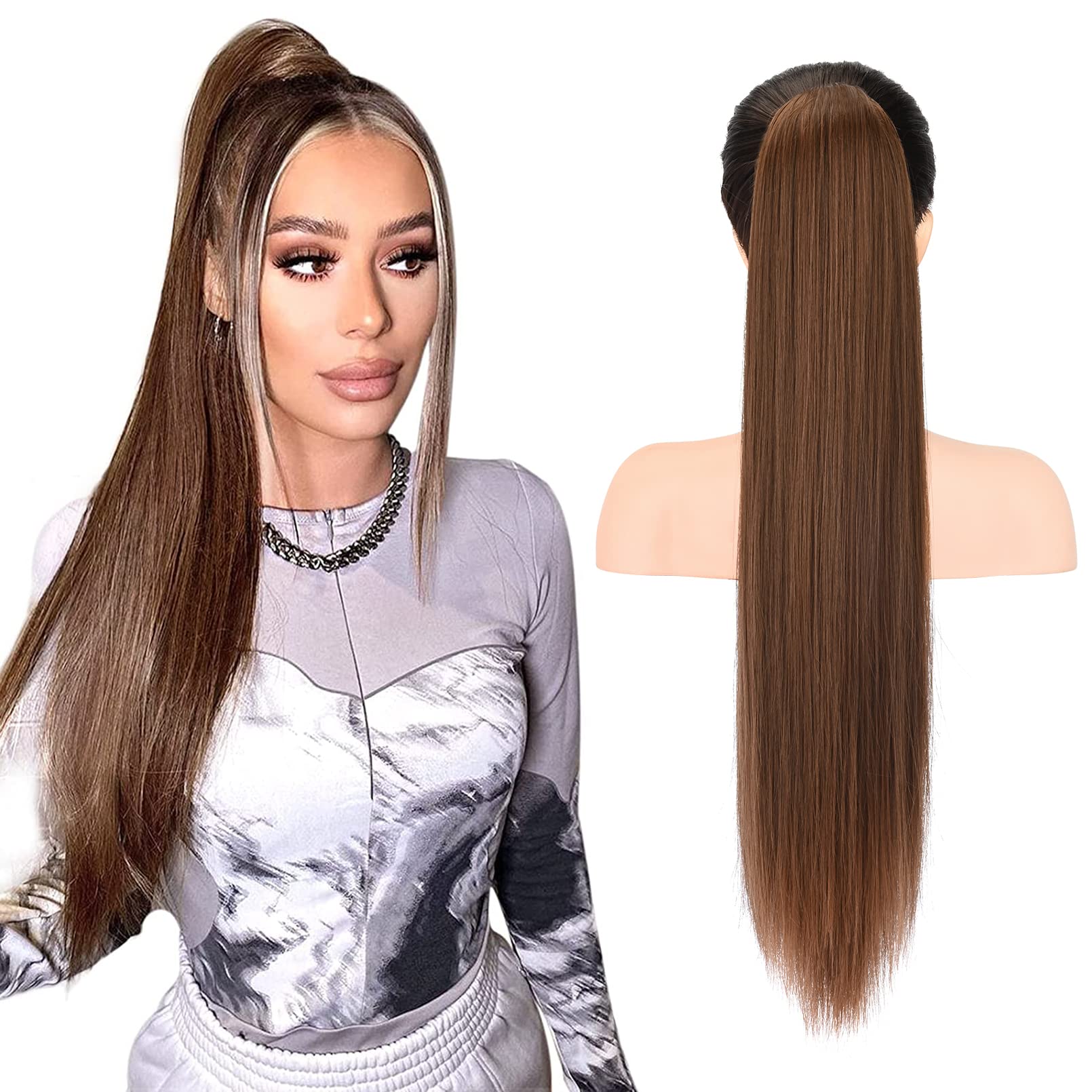 SEIKEA 28" Ponytail Extensions Drawstring Long Straight Fake Pony Tail Natural Soft Clip in Hair Extension Synthetic Heat Resistant Hairpiece - Warm