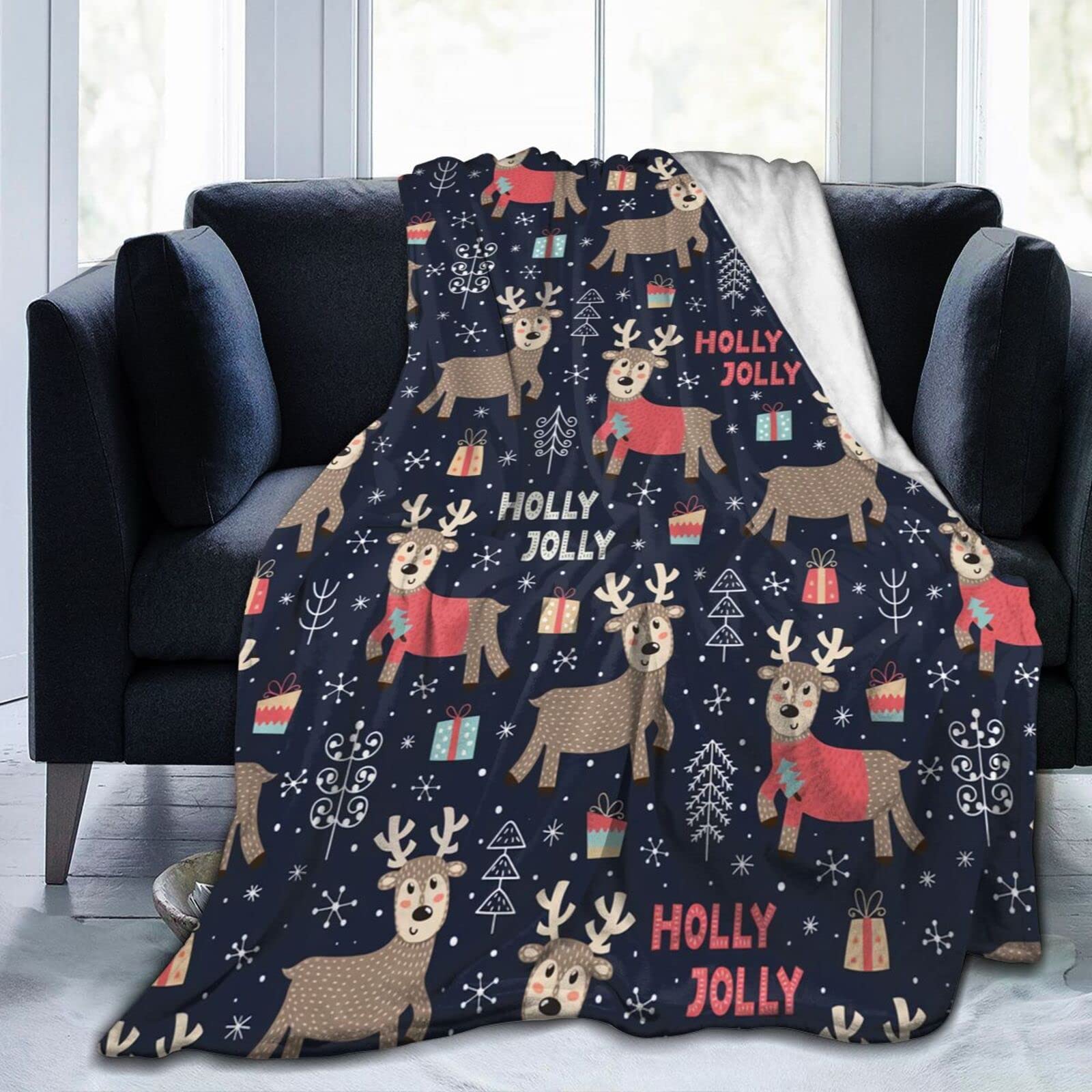 Lsjuee Christmas Reindeer Throw Blanket Warm Cozy Blankets Lightweight Soft Cozy Flannel Winter Holiday Blanket for Sofa Couch Bed Office Xmas Gift 80"X60"
