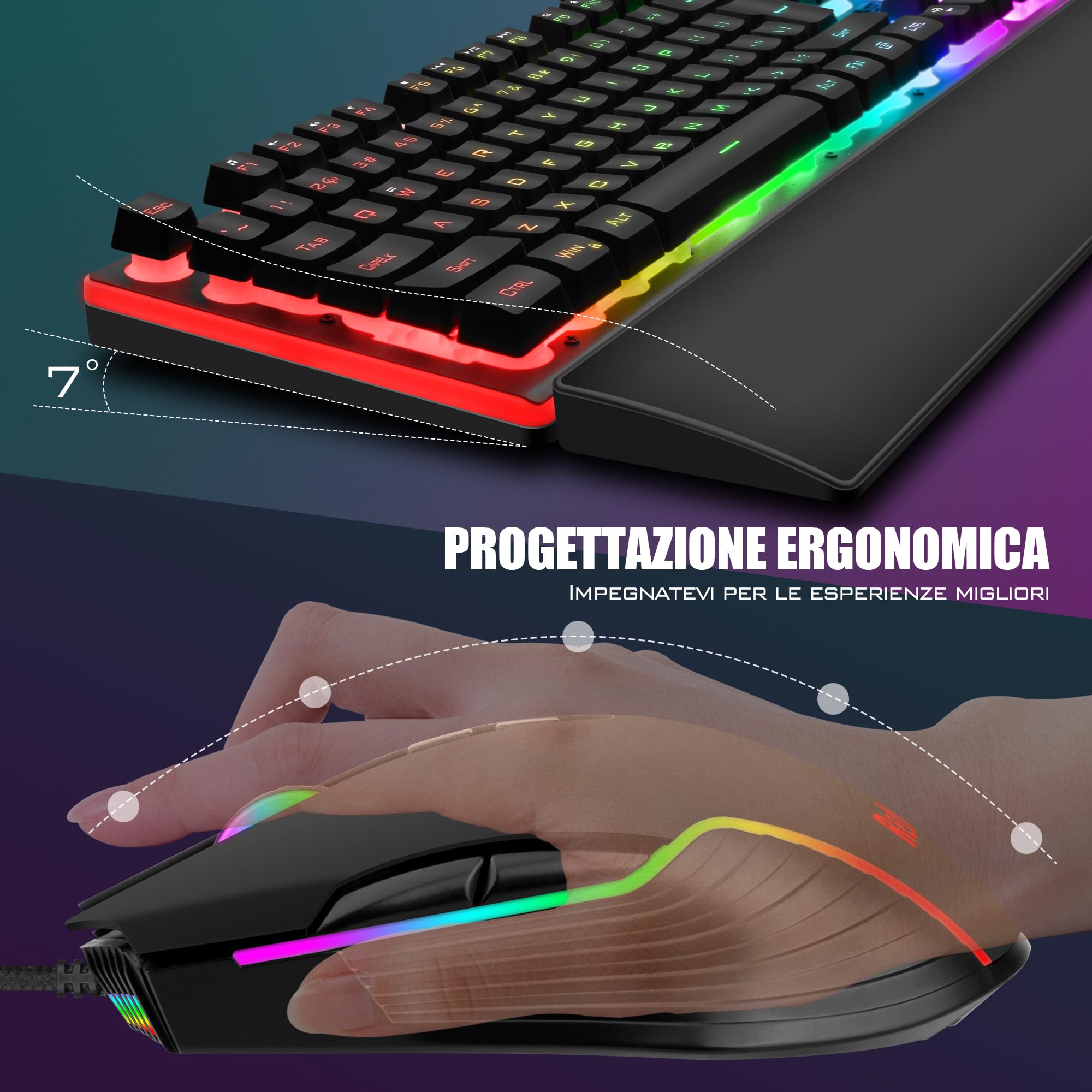 RedThunder K10-B3 K10-B3 - Juego de teclado y ratón para videojuegos, placa de metal y reposamuñecas, retroiluminación RGB y ergonomía 7D