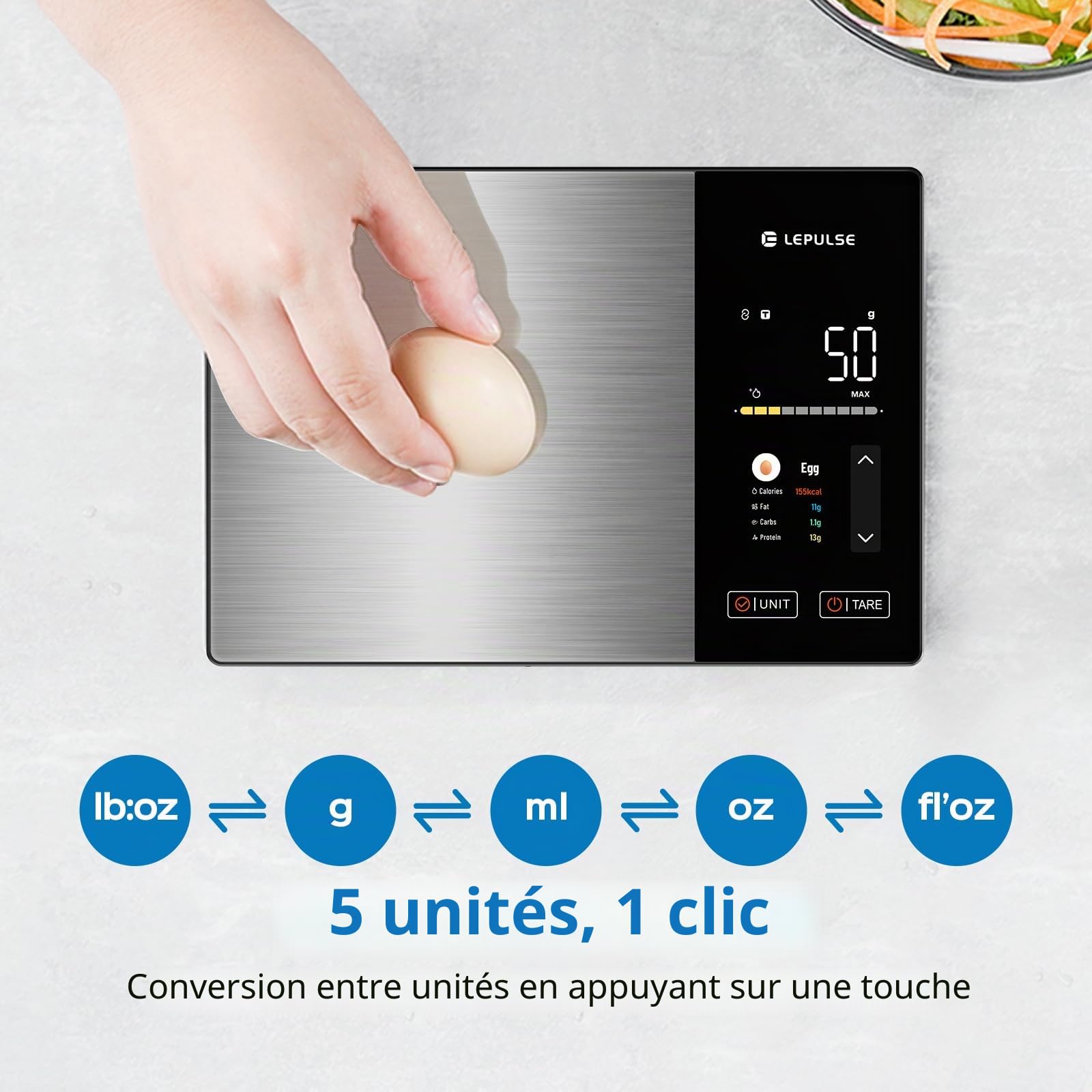 Balance de cuisine numérique avec calcul des valeurs nutritionnelles, balance alimentaire avec 24 analyses nutritionnelles, balance alimentaire en acier inoxydable de 5 kg, écran couleur TFT, 50 hors