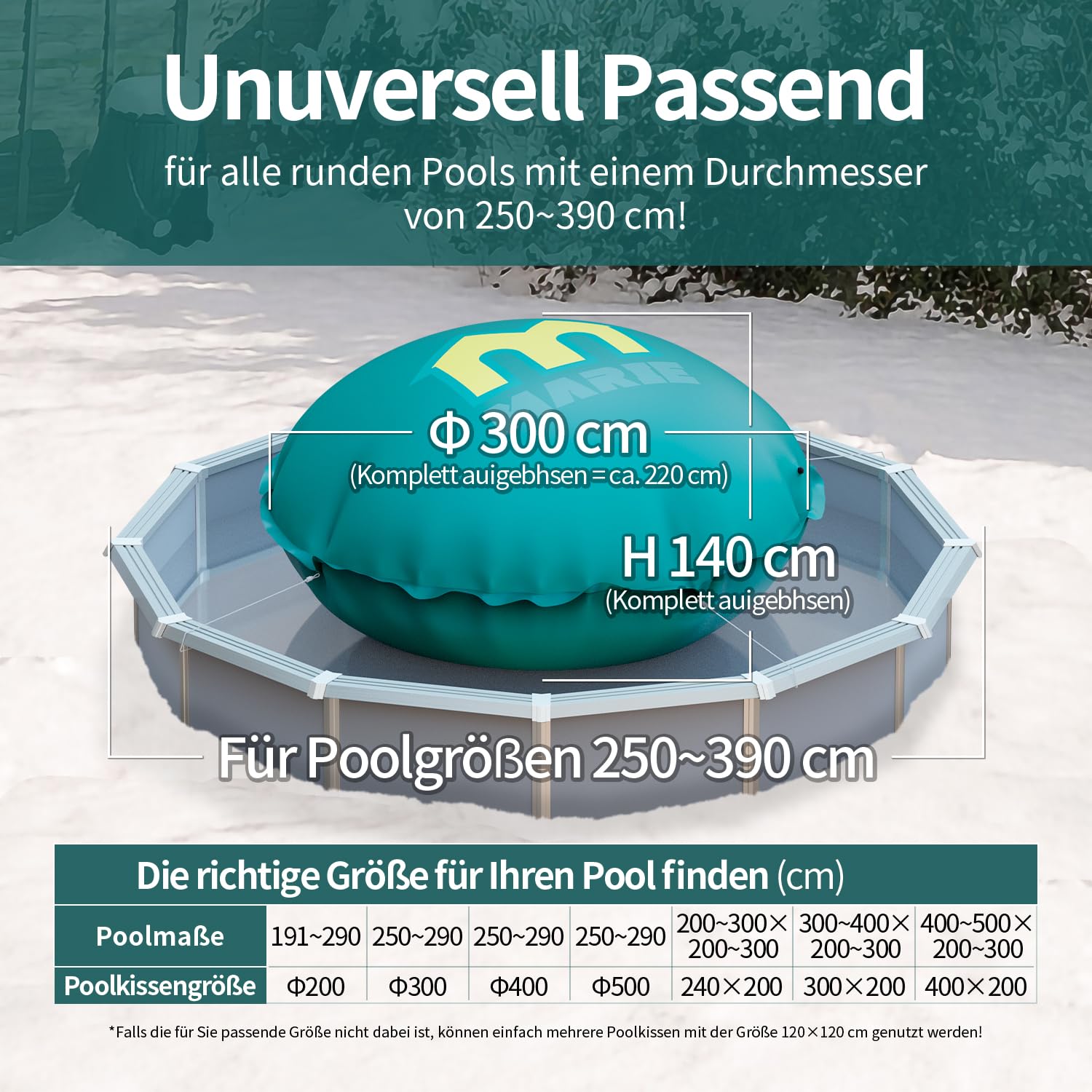 MARIE Poolkissen Winter Ø 300 cm (für Ø300-400cm Pools) - Luftkissen Winterfest Frostschutz bis -20°C - Robuste Schwimmbadabdeckung - Kältebeständig, Flexibel & Langlebig - gegen Risse und Brüchigkeit