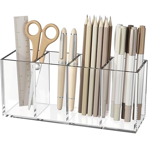NIUBEE Acrylic Pen Holder 4 Compartments, Clear Pencil Organizer Cup for Countertop Desk Accessory Storage