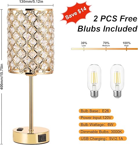Miniatura 6 de Lámpara de mesa de cristal con control táctil, lámpara de mesita de noche regulable con puertos de carga USB-C+A y CA, lámpara USB dorada de 3 vías,