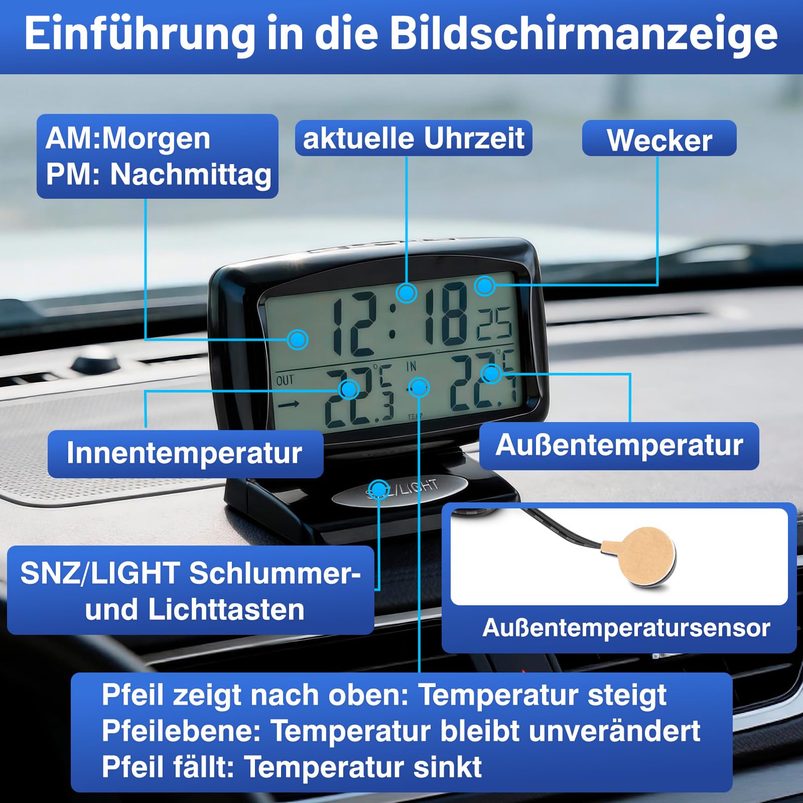 Auto Innen und Außen Temperaturmessgerät, Thermometer Elektronische Uhr Blaue LCD Hintergrundbeleuchtung, für Auto mit Digitalanzeige und Thermometer,temperaturmessgerät innen außen