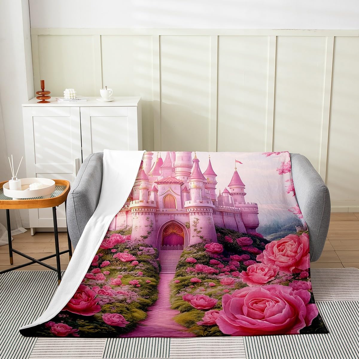 Couverture en flanelle motif château rose Manfei pour lit et canapé, 150x200 cm