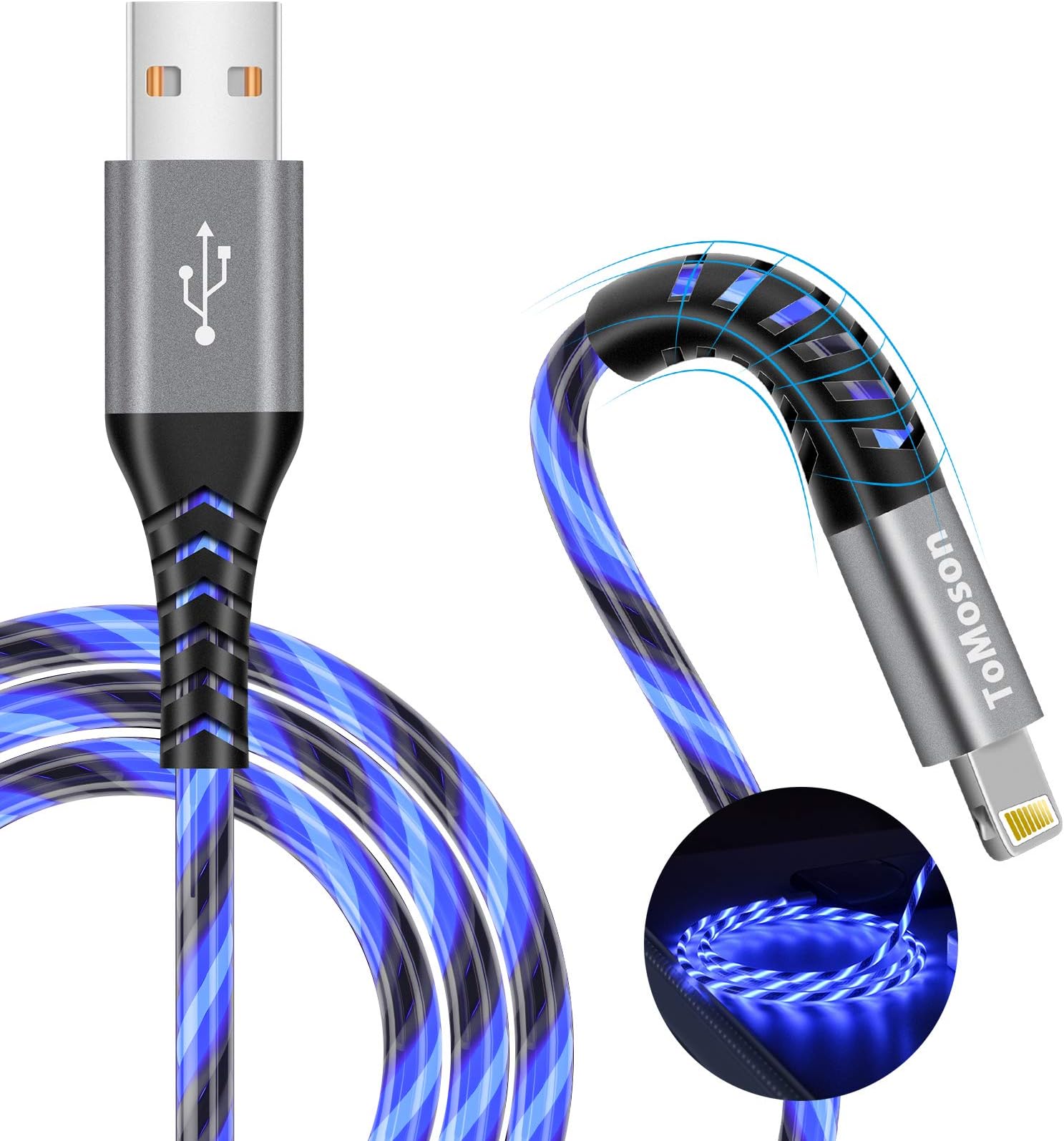 LED iPhone Charger Cord Light Up Lightning Cable | MFi Certified Apple Charger | Cool USB Fast Charging for iPhone 14 13 12 11 Pro Max XR X SE 8 Plus, iPad iPod and More (Blue, 6ft)