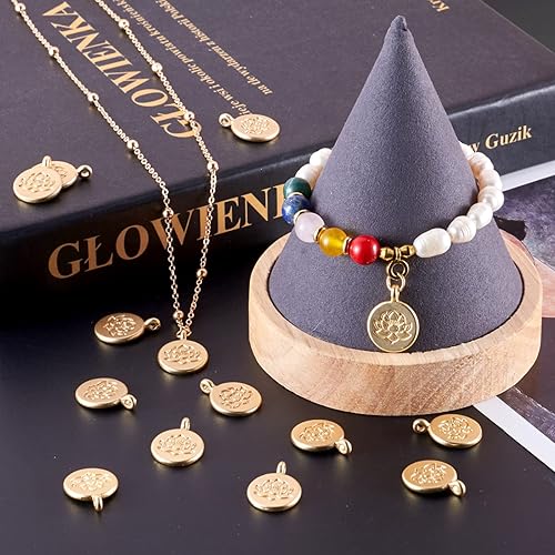 Miniatura 6 de Beadthoven 50 colgantes de oro mate de flor de loto de estilo tibetano, redondos, para yoga, loto, para bricolaje, collares, pulseras, joyas,