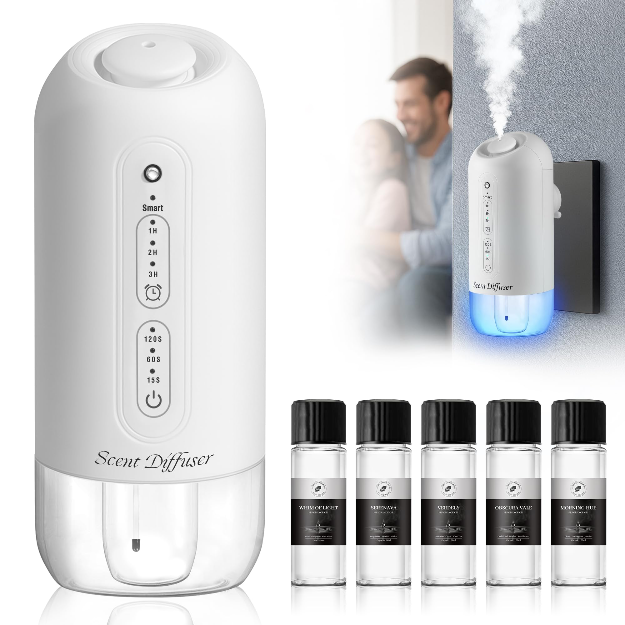 Kit de iniciación de difusor enchufable, difusor de aroma sin agua con 5 aceites esenciales, cobertura de 700 pies cuadrados, diseño de pared inteligente, niebla de aire frío, 3 niveles de niebla y
