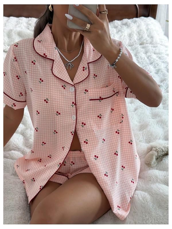 OYOANGLE Pajama Sets for Women 2 Piece Gingham Cherry Cute Pjs Lounge Matching Button Shirt and Shorts Pink Small by OYOANGLE - Used condition - Image 5