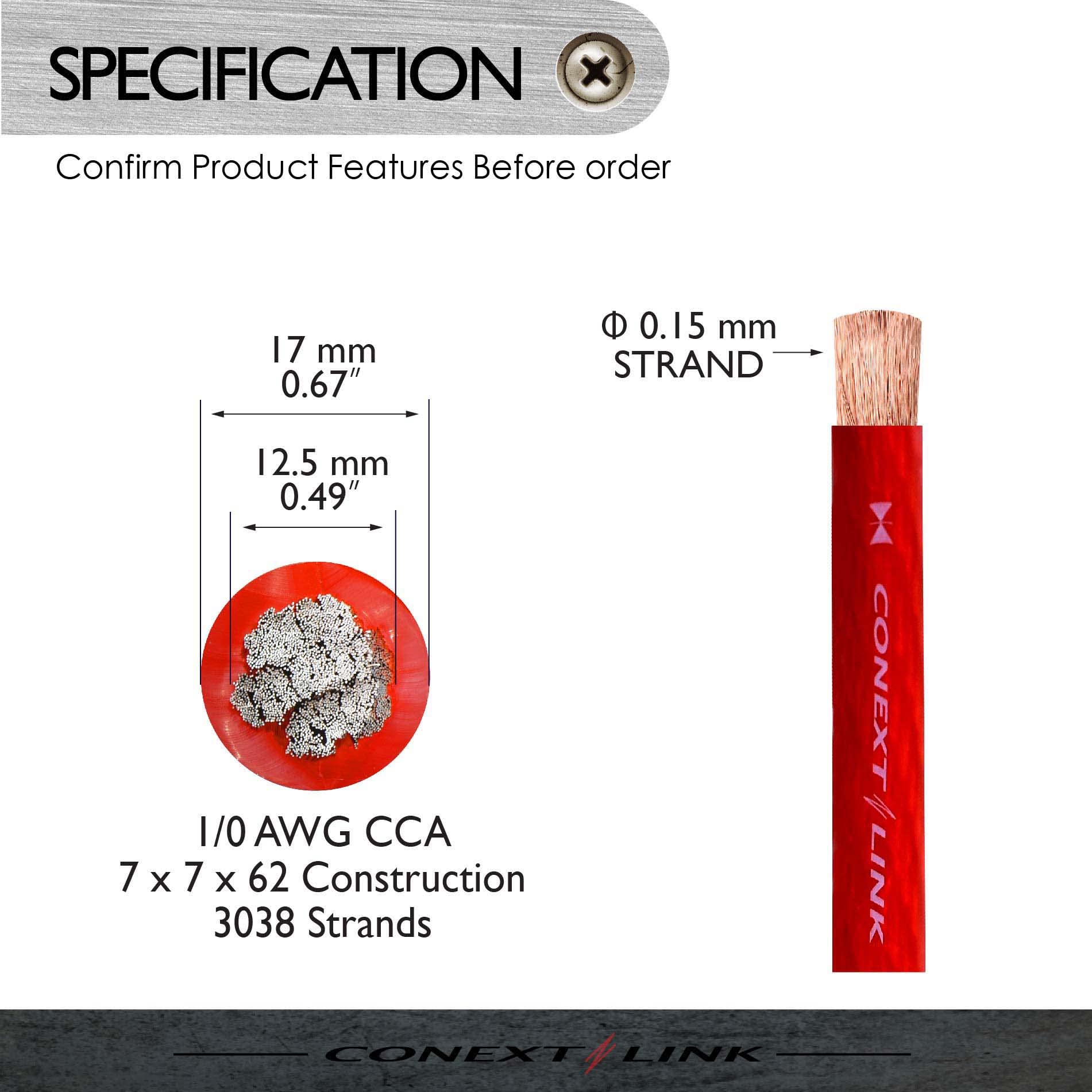 Conext Link Câble de batterie GA pour amplificateur de calibre 1/0 Rouge givré 4,6 m (10811)