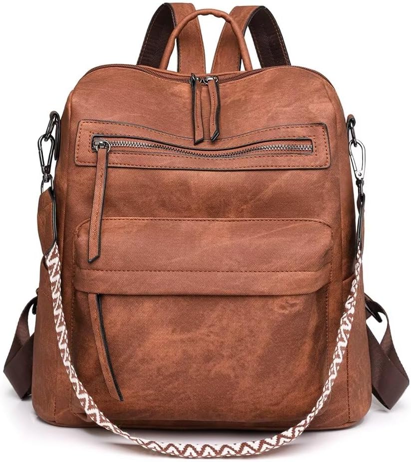 Backpack Purse for Women Large Vegan PU Leather Backpacks Anti-theft Fashion Ladies Rucksack Bags Casual Waterproof Shoulder Vintage Boho Daypack for Travel Work with Guitar Strap, Brown