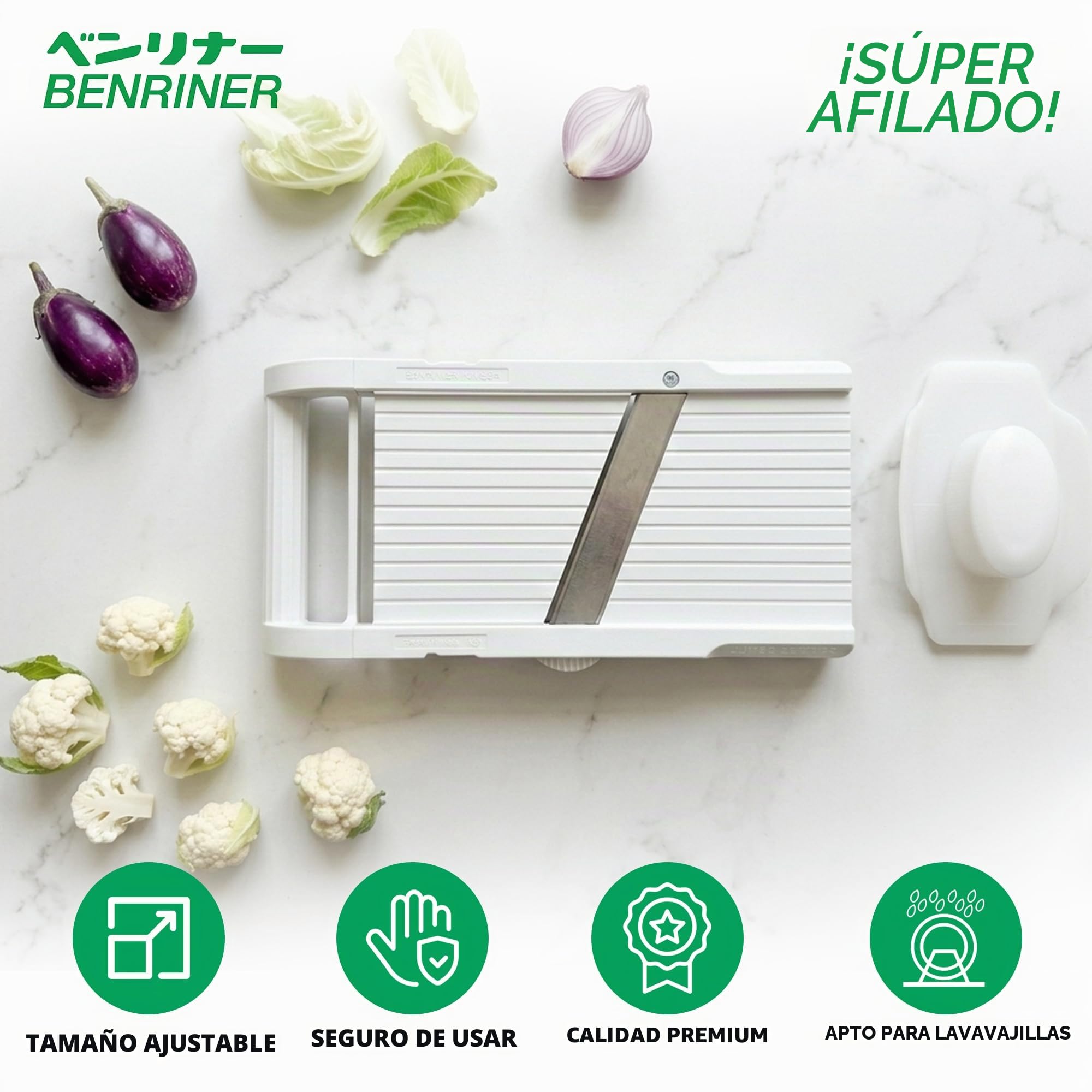 Benriner - Cortador de mandolina japonés de acero inoxidable, sin BPA, 31.4 x 9.2 x 2.4 cm Nueva versión Jumbo blanco