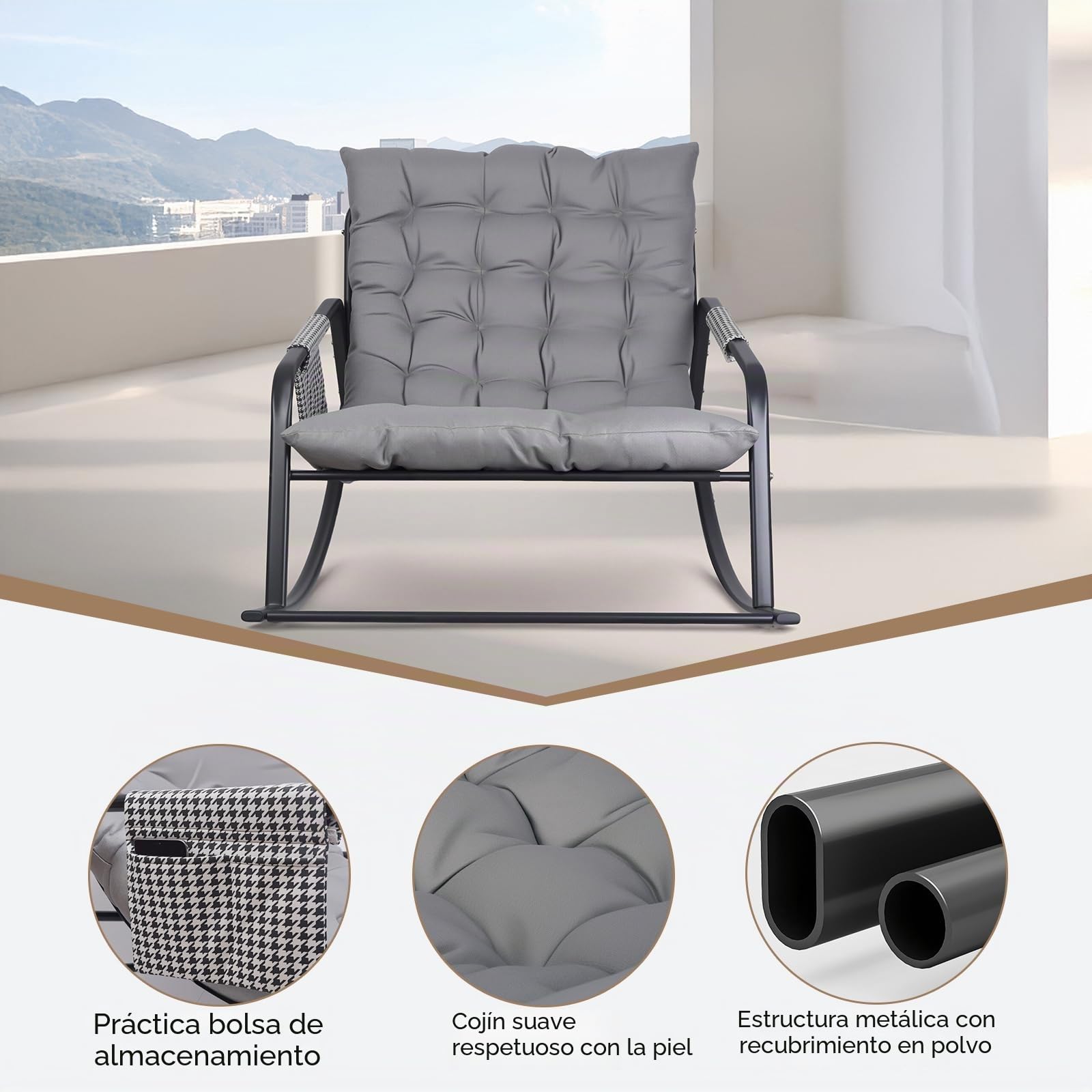 Silla Mecedora, Carga 150 kg, Sillon Mecedora Salon Extra Grande con Cojín Acolchado, Rocking Chair Marco de Metal, Sillón Relax para Adulto Salón, Dormitorio, Interior y Exterior (Gris)