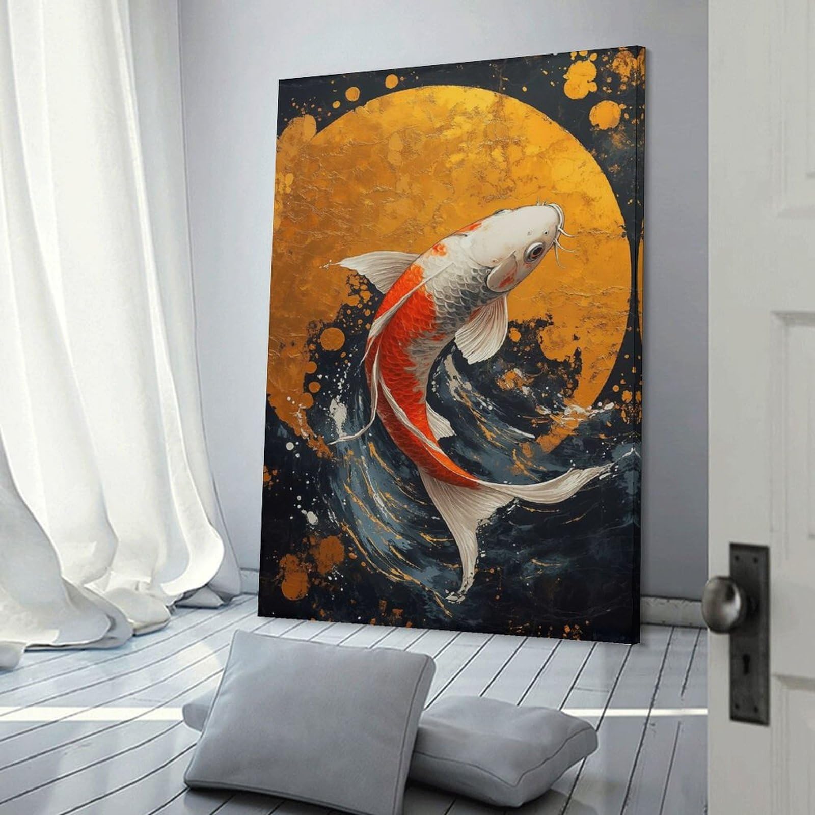 Junmoney Frame-Style-18 Koi Fish And Golden Moon Art Home Decor Wall Art 12X18inch(30X45cm), For Bedroom, Guest Room Or Reading Nook, Decorative Wall Art For Cosy Rooms