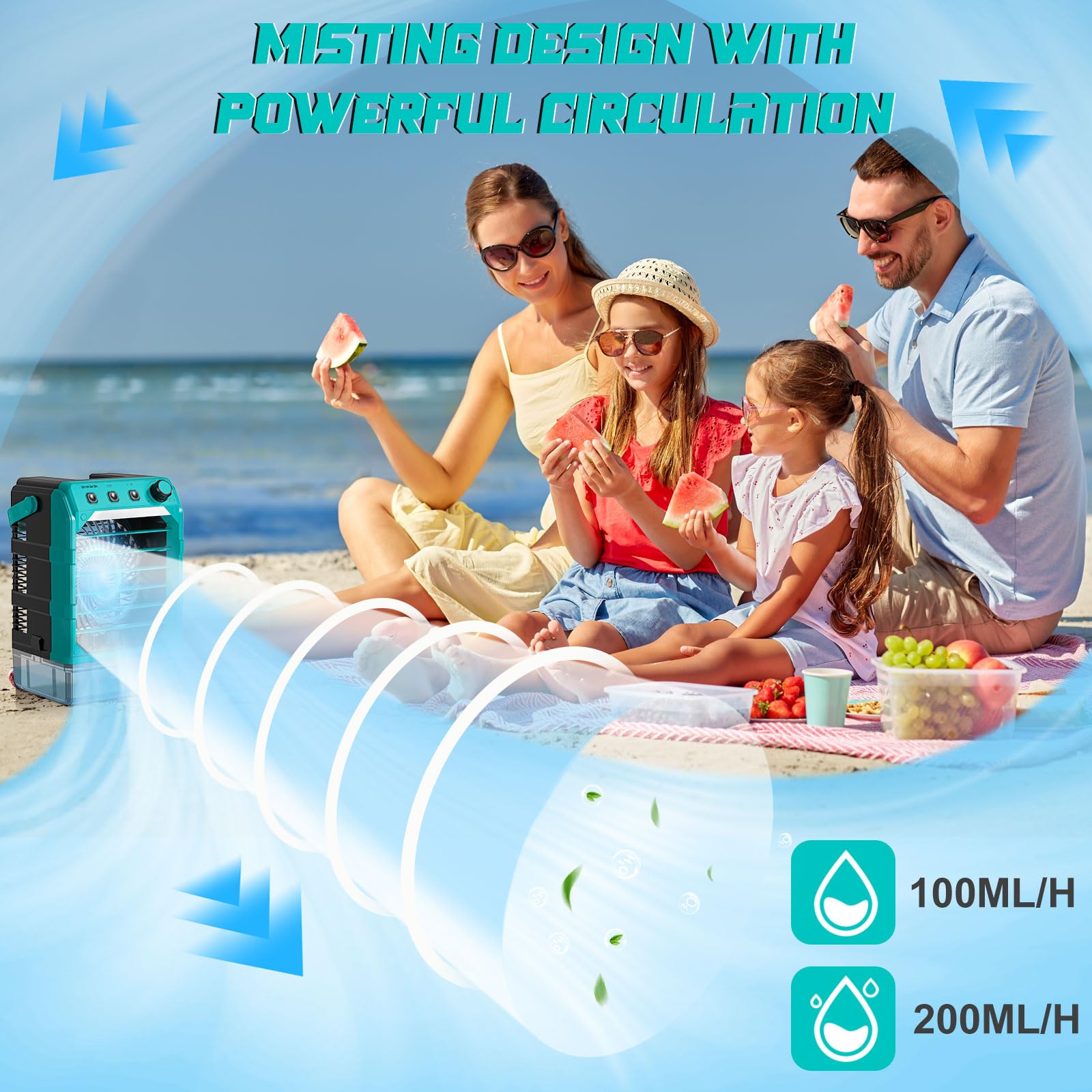 Ventilator mit Wasserkühlung Kompatibel für Makita 18V Akku und USB-betrieben，Luftkühler mobil mit Wasserkühlung,Ventilator mit Luftbefeuchter für Terrasse, Garage Urlaub Sport Büro Garten