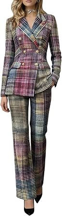 Womens Plaid Pant Suit 2 Piece Outfits Double Breasted Blazer Peak Lapel Formal Business Suit Set