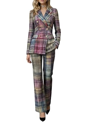 Womens Plaid Pant Suit 2 Piece Outfits Double Breasted Blazer Peak Lapel Formal Business Suit Set