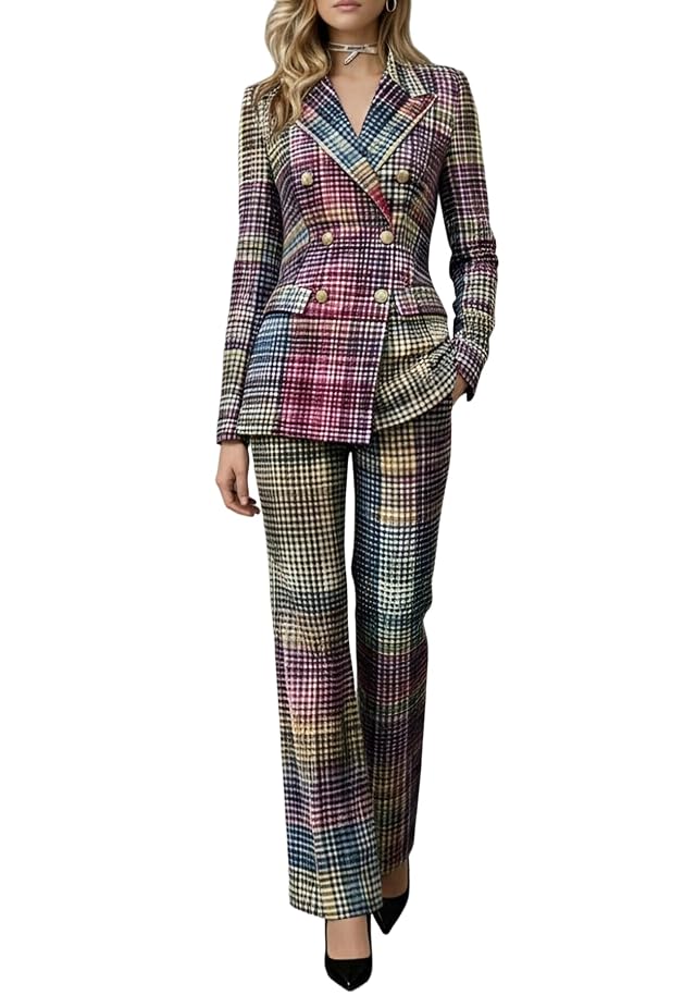 Womens Plaid Pant Suit 2 Piece Outfits Double Breasted Blazer Peak Lapel Formal Business Suit Set