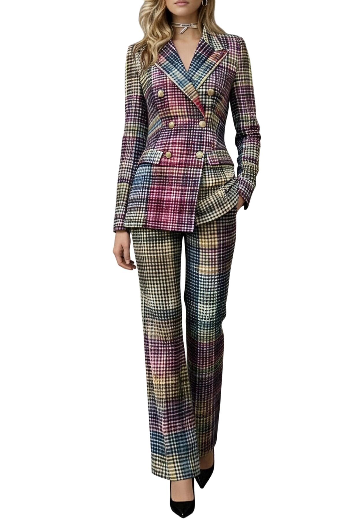 Womens Plaid Pant Suit 2 Piece Outfits Double Breasted Blazer Peak Lapel Formal Business Suit Set