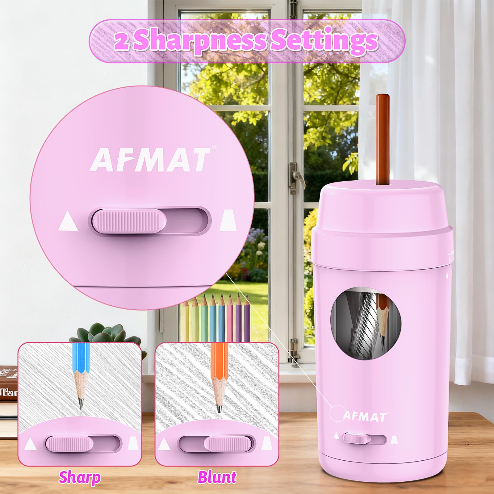 AFMAT PSX8 Sacapuntas eléctrico, entrada y salida automática, sacapuntas totalmente automático para lápices de colores, sacapuntas manos libres recargables para lápices de φ7-8 mm, bueno para el aula