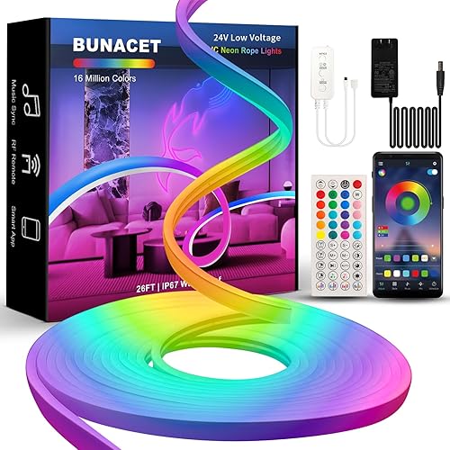 Luces LED RGBIC de neón de 26 pies, luces LED con control remoto RF y control de aplicación, flexible IP65 impermeable al aire libre, sincronización