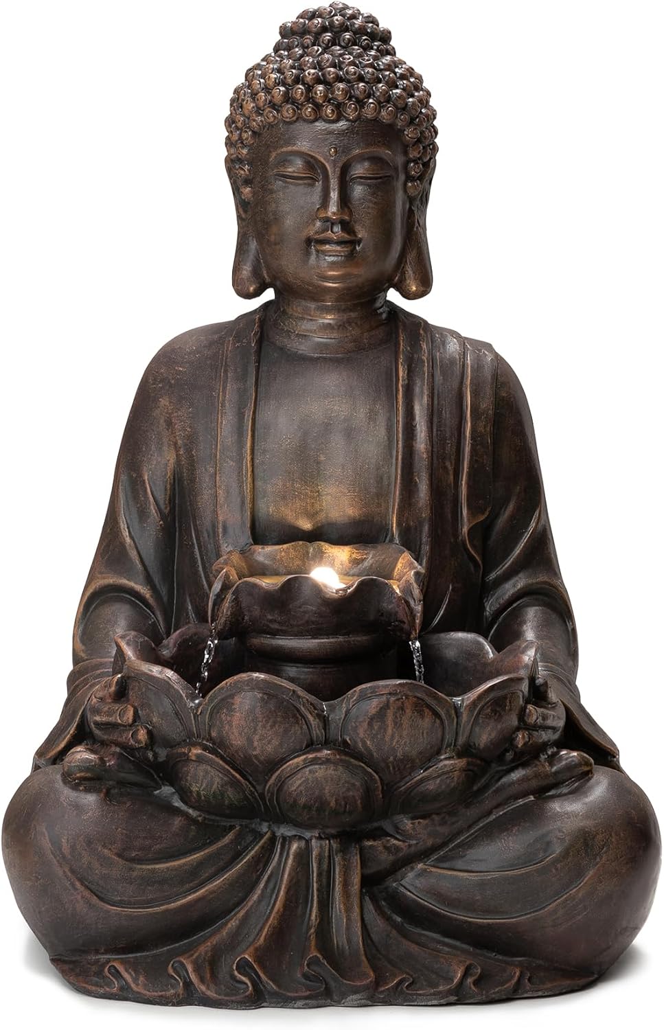 Glitzhome Zen Style Meditating Buddha Statue Fountain Polyresin Outdoor Decoration with Pump and LED Light, 28.25" H