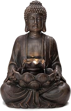 Glitzhome Buddha Fountain with Pump & LED Light, 2 Tier Zen Style Meditating Buddha Water Fountain Outdoor Fountains and Waterfalls Outdoor Buddha Statues for Garden Patio Backyard 28.25" H